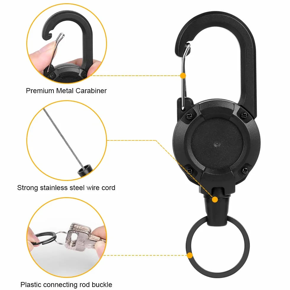 Portachiavi Retrattile Vicloon 2 Pezzi Clip a Bobina Allungabile con Cavo Acciaio 60cm Nero