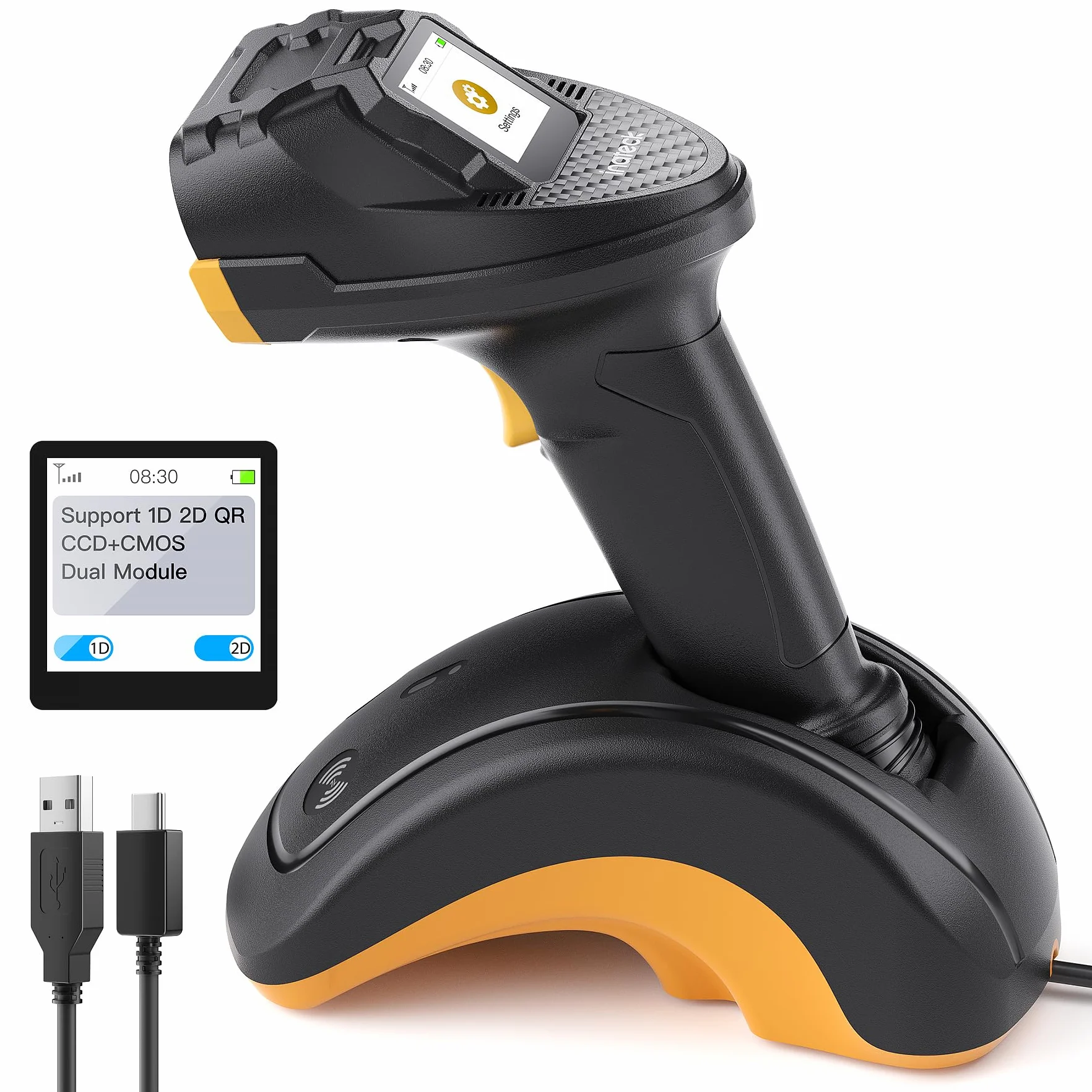 Letto Codici Barcode Bluetooth Inateck, Lettore Barcode 2D 1D, QR, con Touchscreen e Base Intelligente,Doppi Moduli CMOS+CCD, Portata di Scansione più Ampia, Supporta app SDK, Pro 8