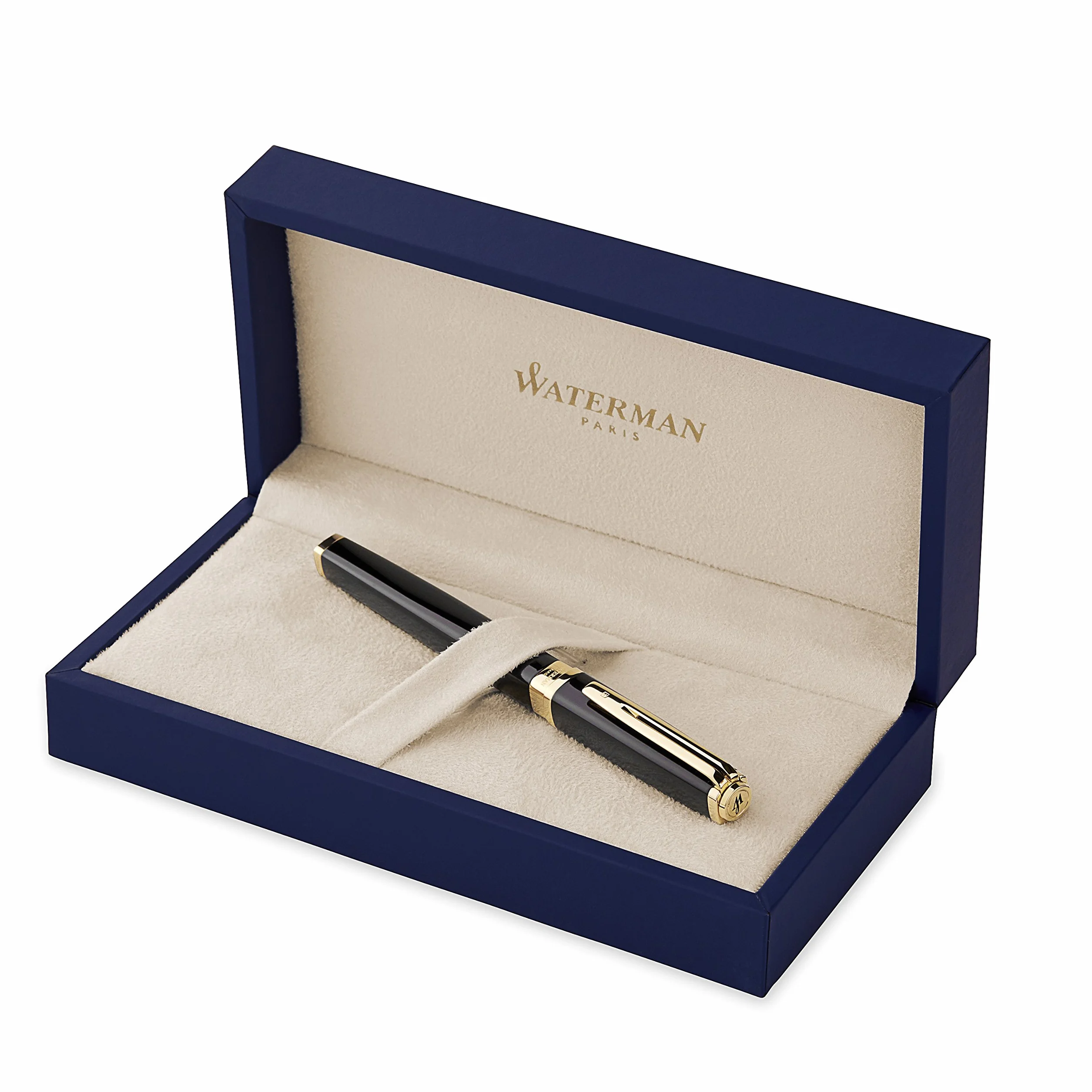 Waterman Exception Penna Stilografica Sottile, Pennino Medio con Cartuccia di Inchiostro Blu, Nero con Clip in Oro 23 Carati, Confezione Regalo