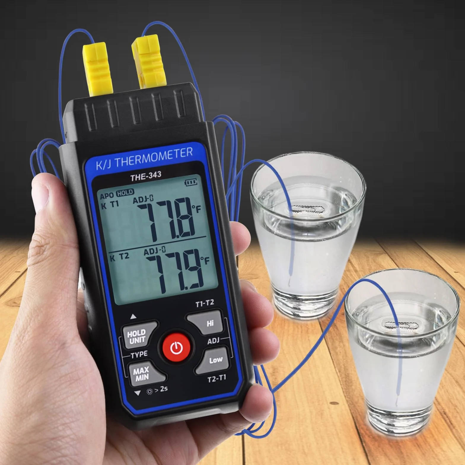 Termometro Digitale a Termocoppia HVAC con 2 Pinze Termometriche e 2 Sonde Cablate, Doppio Canale Allarme Compensazione ADJ (-328~2500℉)