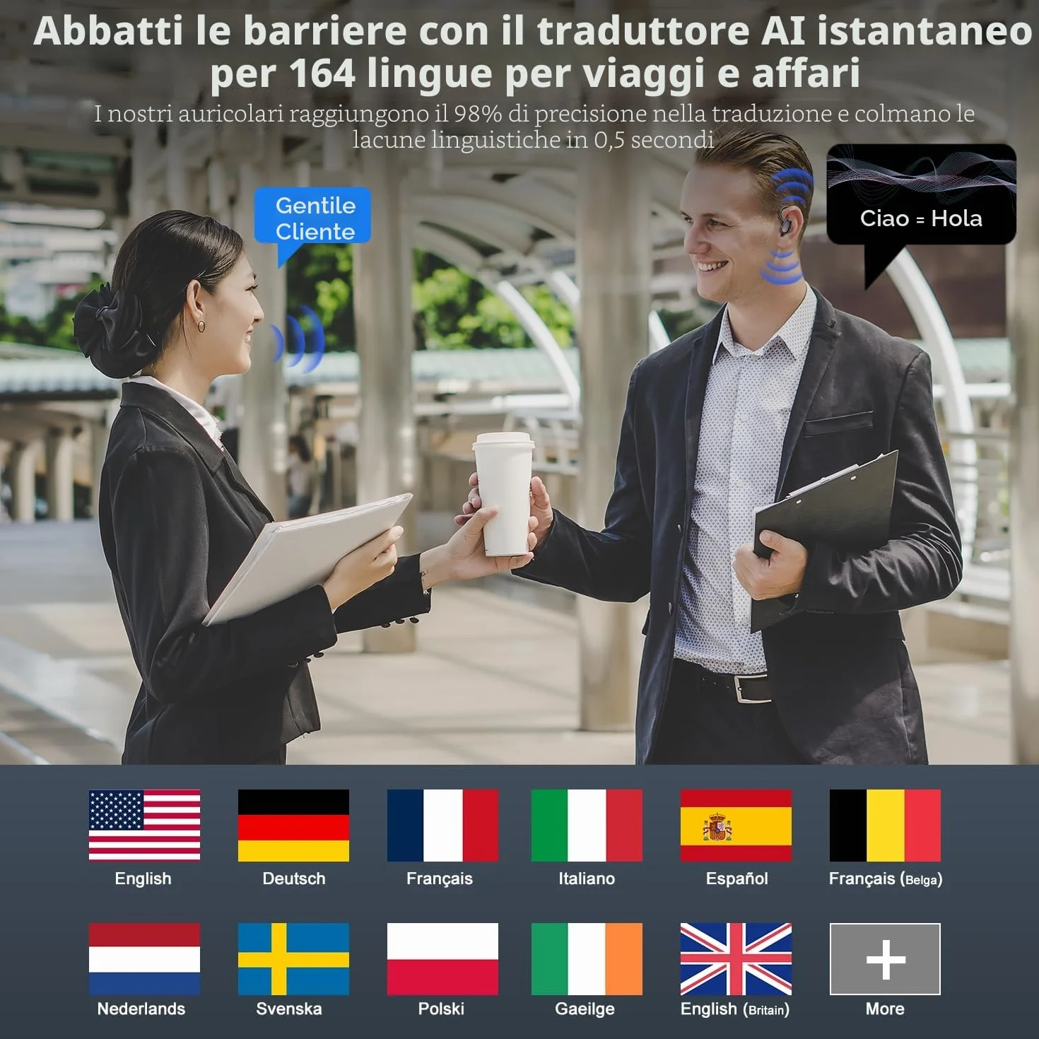 AI Cuffie Traduzione Simultanea, 50Ore Bluetooth 5.4 Auricolari con 164 Lingue/6 Modalità di Traduzione, 3 in 1 Auricolari Traduttori Istantanei con ENC Mic, Cuffie Bluetooth con APP per Viaggi/Affari