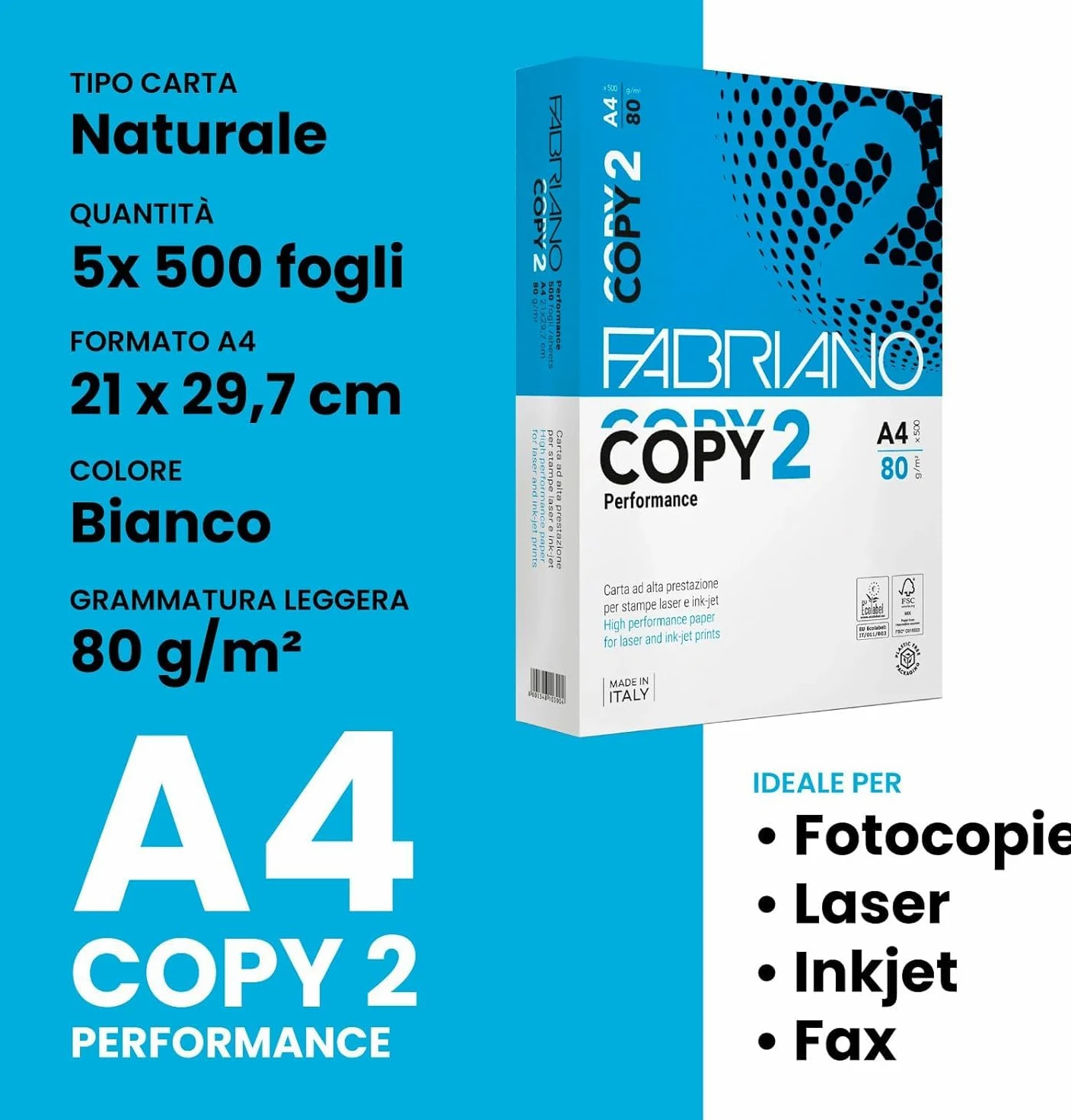 Carta A4 per Stampante Fabriano Copy 2 Amore Animale - 5 Risme da 500 Fogli - 2500 Totali, Carta da 80 gr Per Ufficio, Fotocopie, Multiuso (5 Risme)
