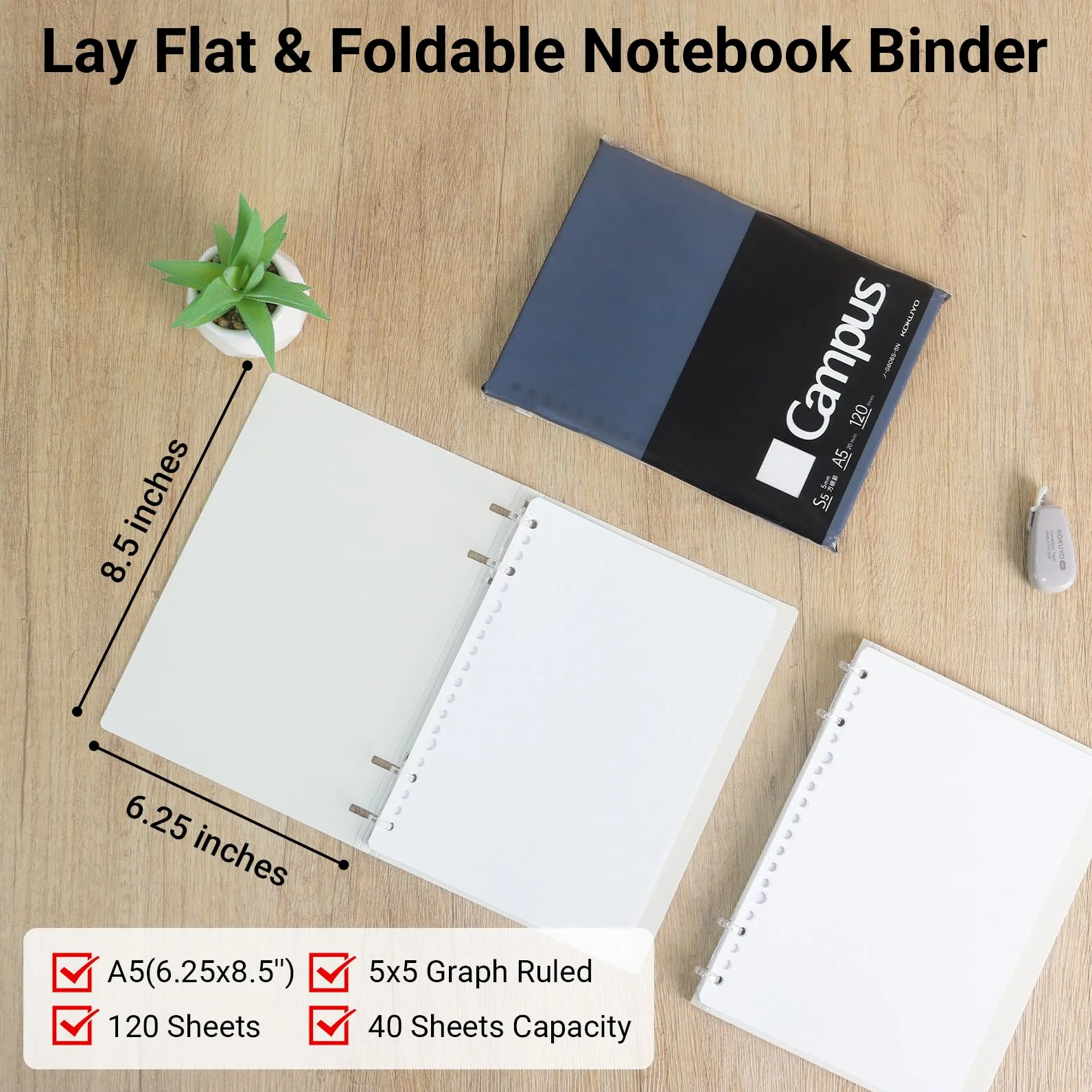 KOKUYO Good Time - Confezione da 3 quaderni a spirale 2 x 2, formato A5, ricaricabili, con 120 fogli extra di carta a quadretti da 120 x 12 cm, 10 fogli preconfezionati a righe da 8 mm ciascuno, per