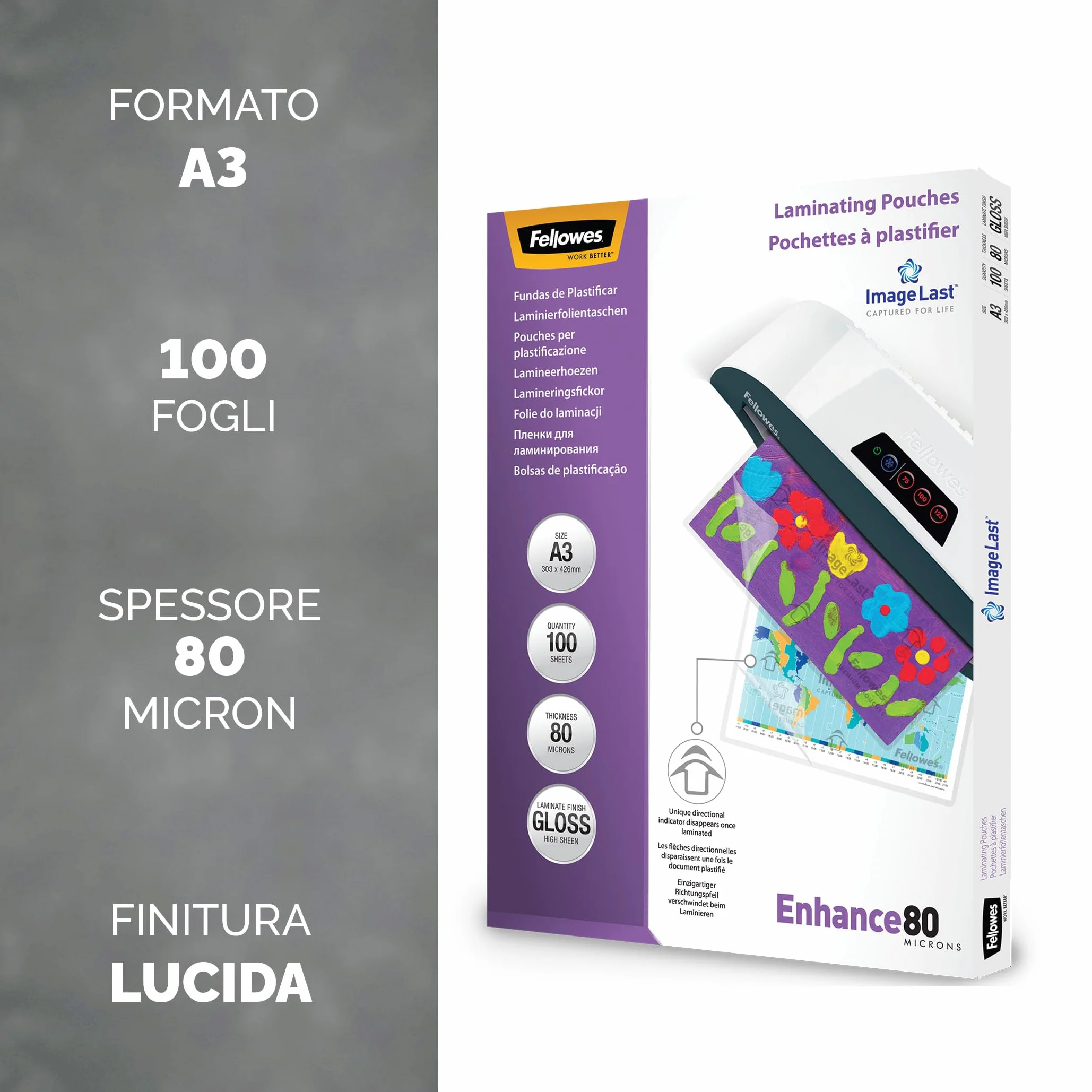 Fellowes Enhance80 buste plastificatrice A3 80 Micron confezione da 100