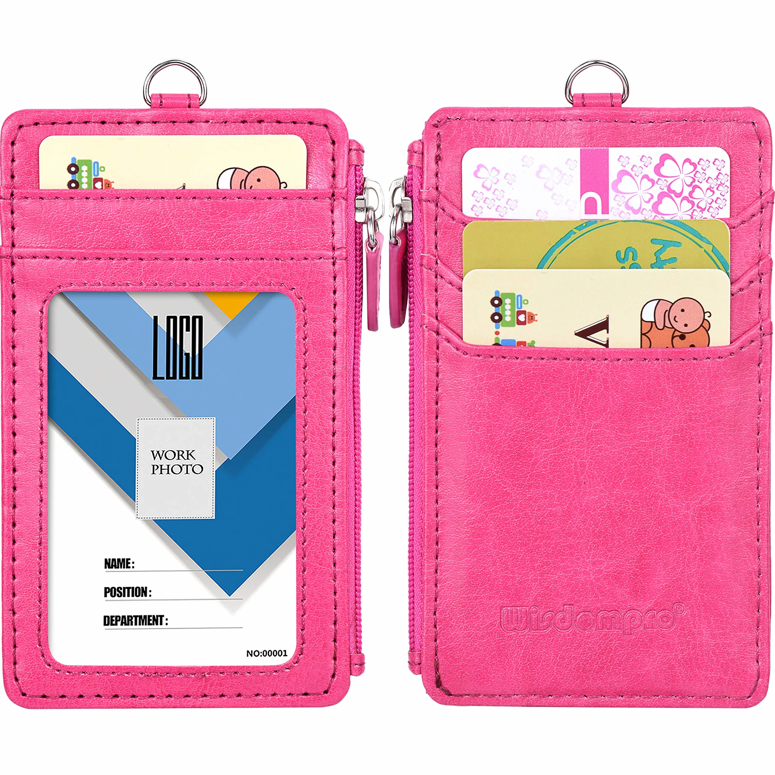 Wisdompro Porta Badge da Collo con Cerniera, 50 cm Portachiavi, 4 Slot, Finestra Trasparente, Rosa Caldo