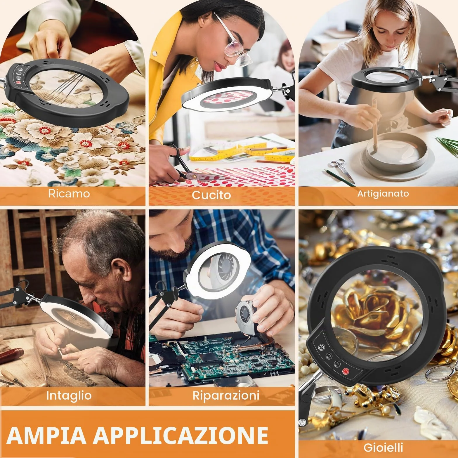 Lente d'ingrandimento con ingrandimento 15x, 5 temperature di colore e 10 livelli di luminosità, lente d'ingrandimento multifunzionale con bracci flessibili e testa Magnifying Glass
