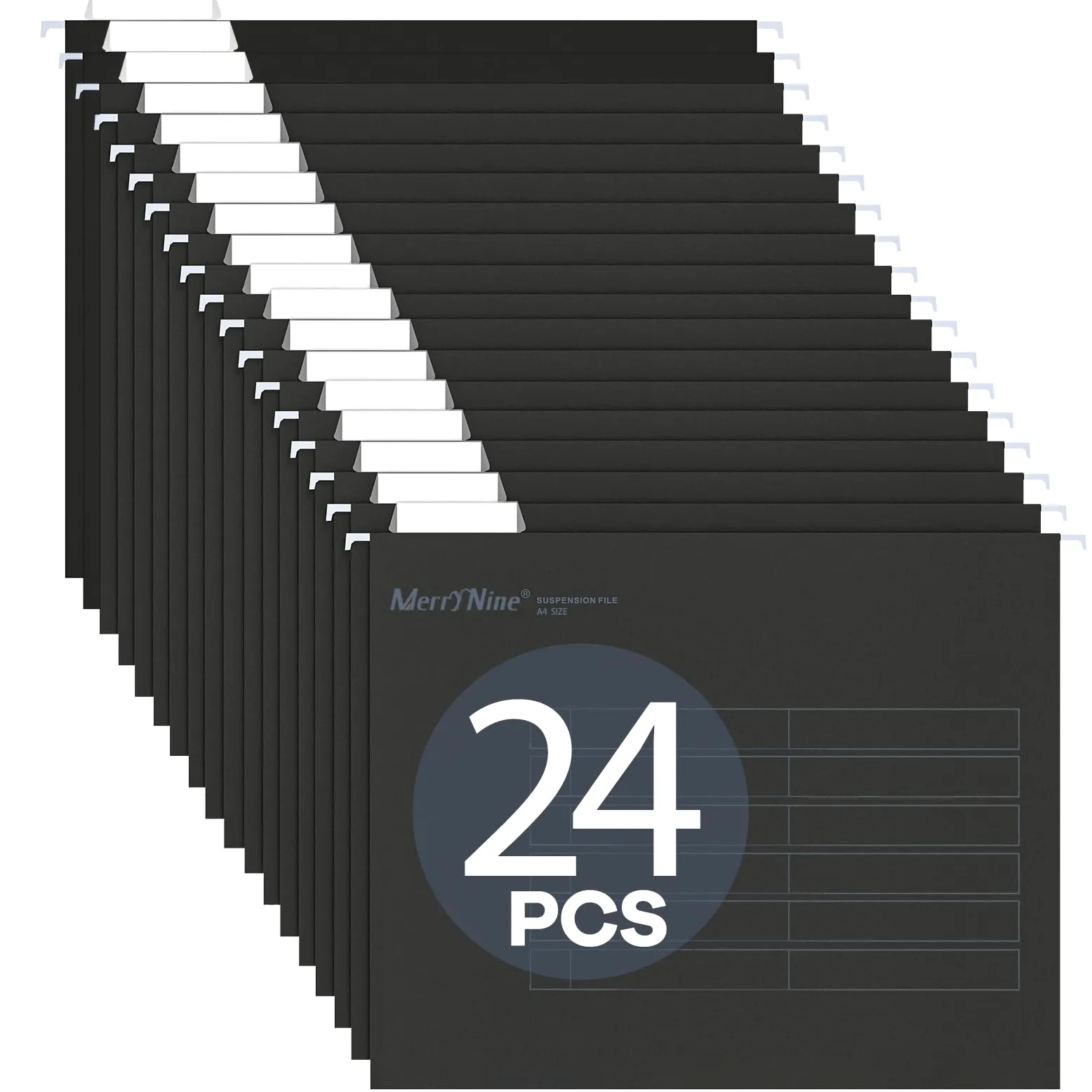 MerryNine 24 cartelle sospese in formato A4, formato A4, con linguette e inserti per schede, per scuola, casa, lavoro, ufficio, organizzazione (nero)