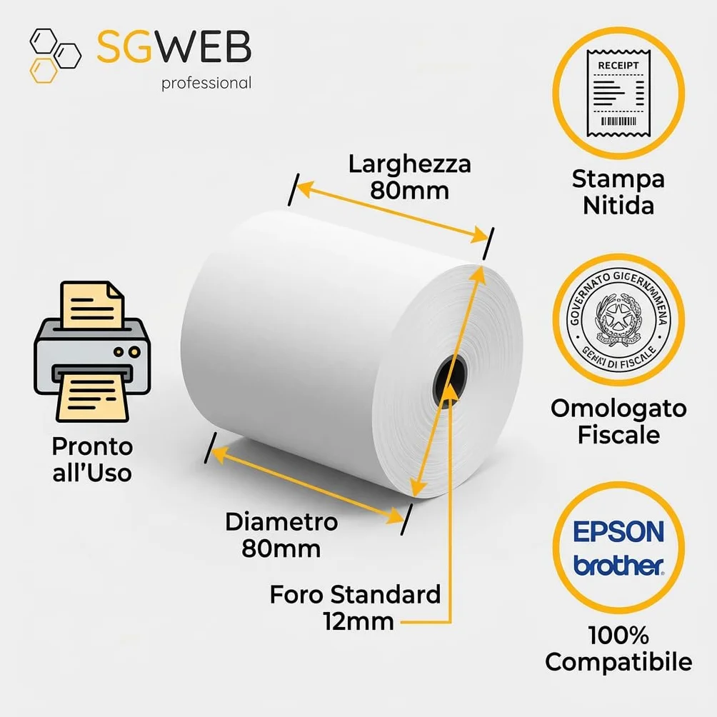 Rotoli Carta Termica 80x80 per Registratore di Cassa Fiscale 10-Pack - Rotolo Scontrini Stampante Termica POS, Foro 12 mm, Senza BPA