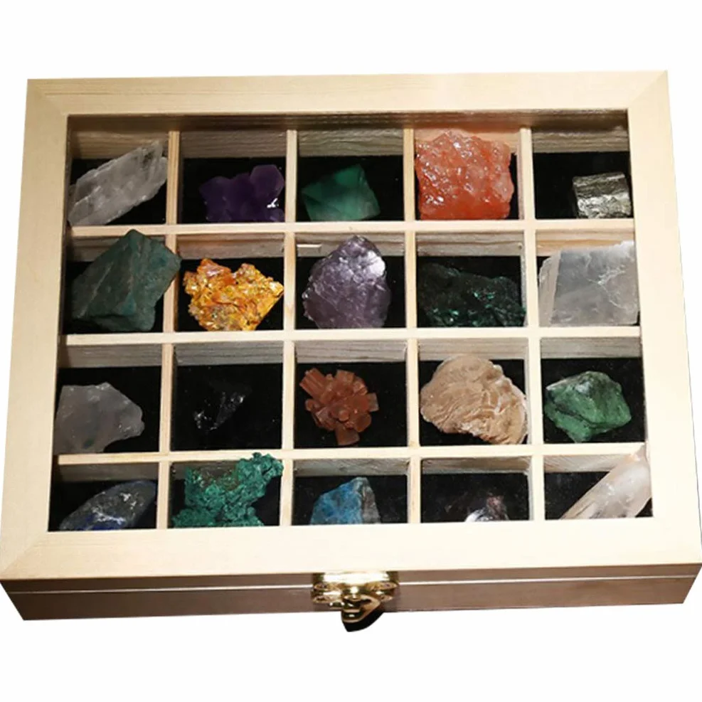 VILLCASE 20pezzi Cristalli di Minerali Naturali Pietre Naturali Campioni di Pietra Minerale per Creazioni di Gioielli e Istruzione Didattica Confezione in Scatola di Legno