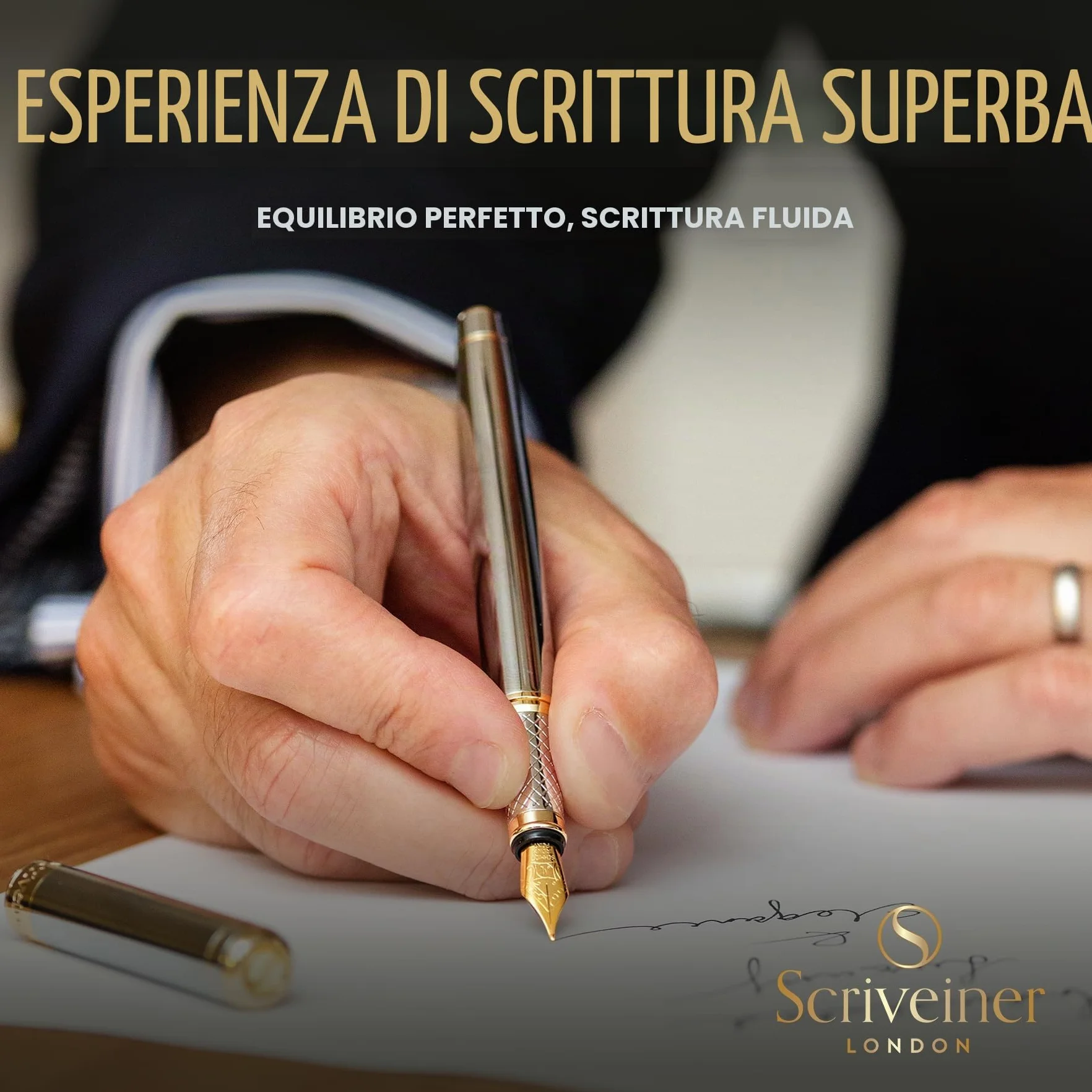 Scriveiner Penna stilografica qualità premium con finitura in Placcato in Vero Oro, Penninoi medio, argento cromato