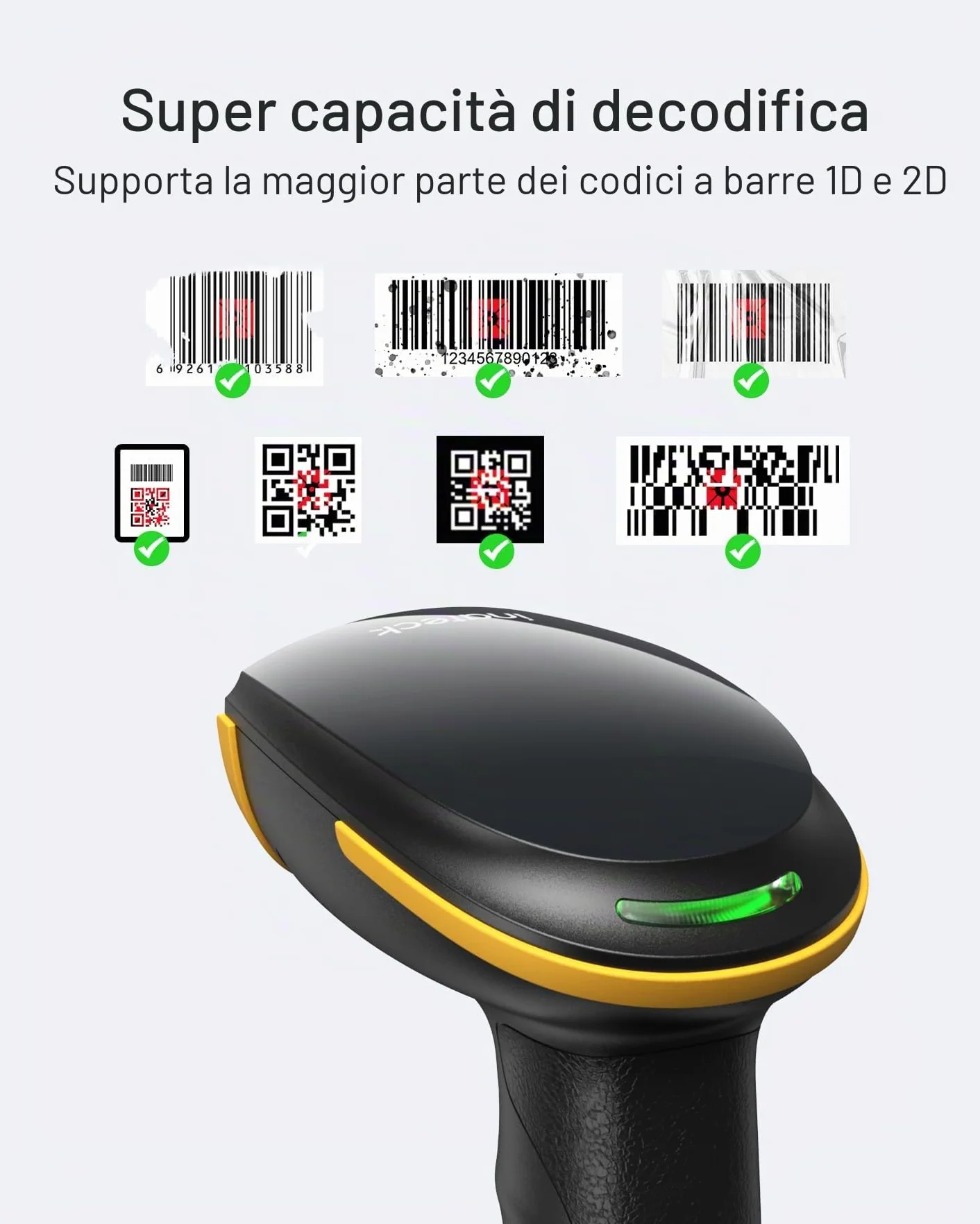 Inateck Lettore di Codici a Barre 1D 2D QR, Pistola per Codici a Barre Wireless Plug and Play, 2600mAh Batteria, Barcode Scanner con APP e SDK, Compatibile con PC Computer Android iOS iPhone, BCST-23