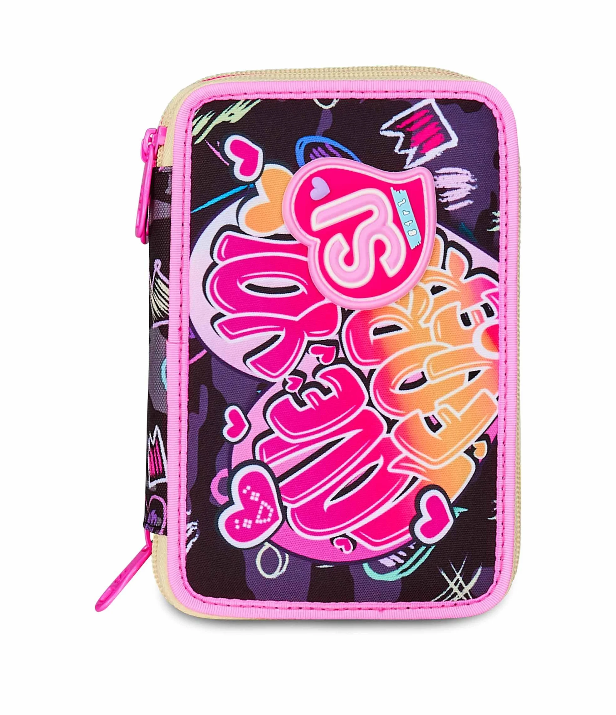 Astuccio Scuola 3 Zip Fucsia Arancio Portapenne Triplo Scomparto Completo