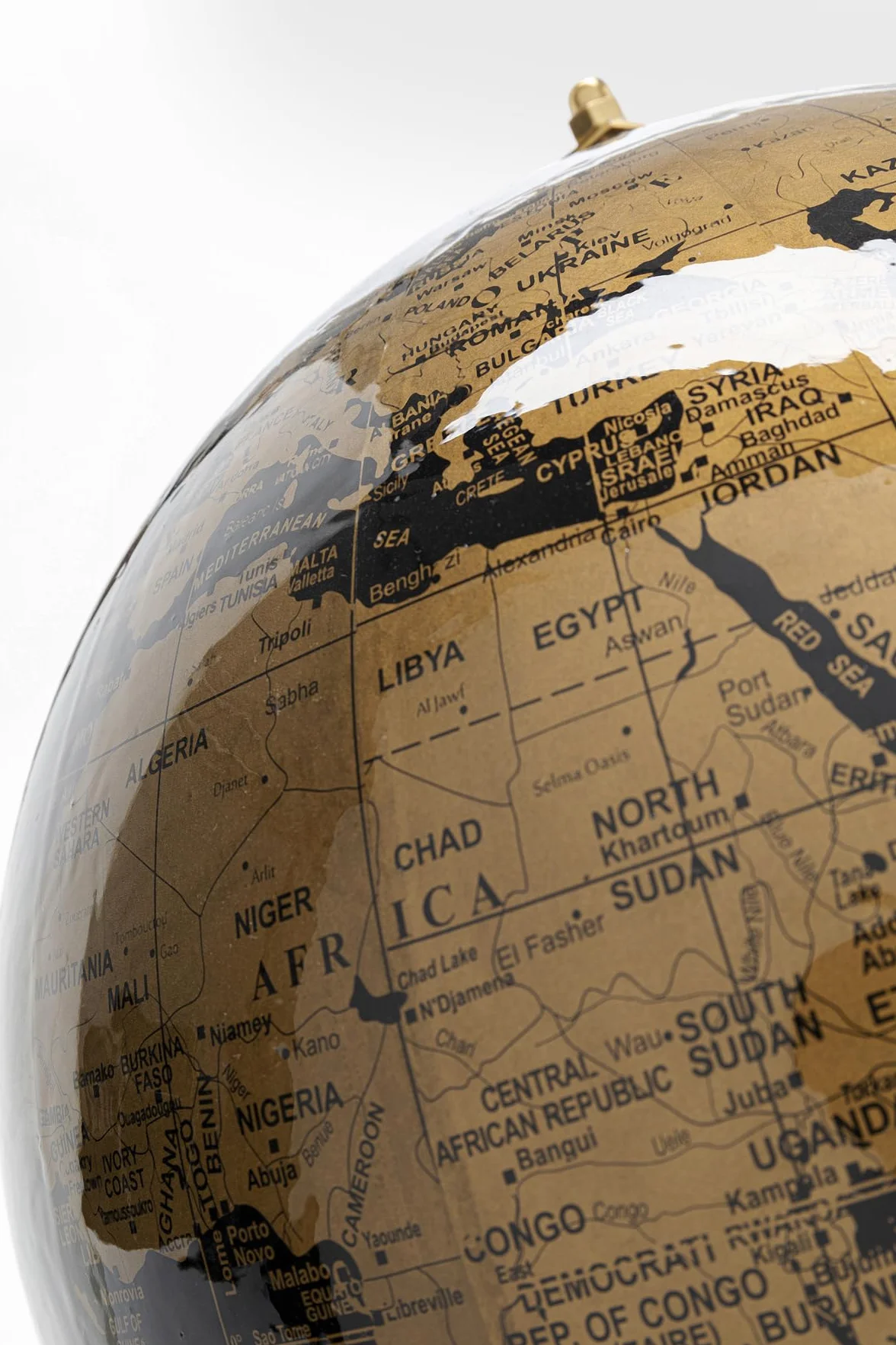 Kare Design oggetto decorativo Globe Top, oro/nero, mappamondo, diametro sfera 17cm, base in metallo, cartografia classica moderna, educazione/geografia, idea regalo ragazzi/bambini