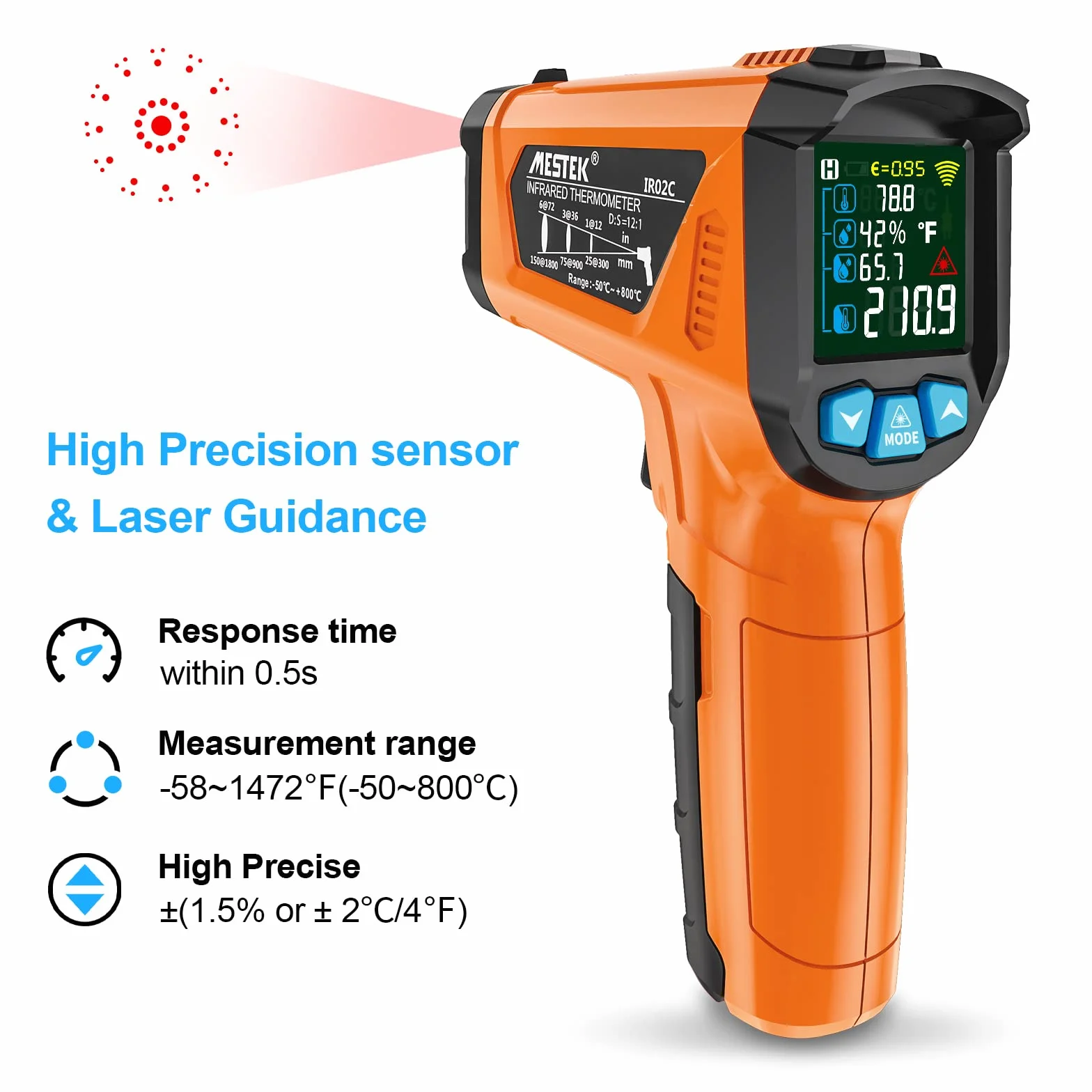 Termometro a Infrarossi MESTEK Digitale Laser Pirometro -50°C~800°C con K-Probe Senza Contatto LCD a Colori