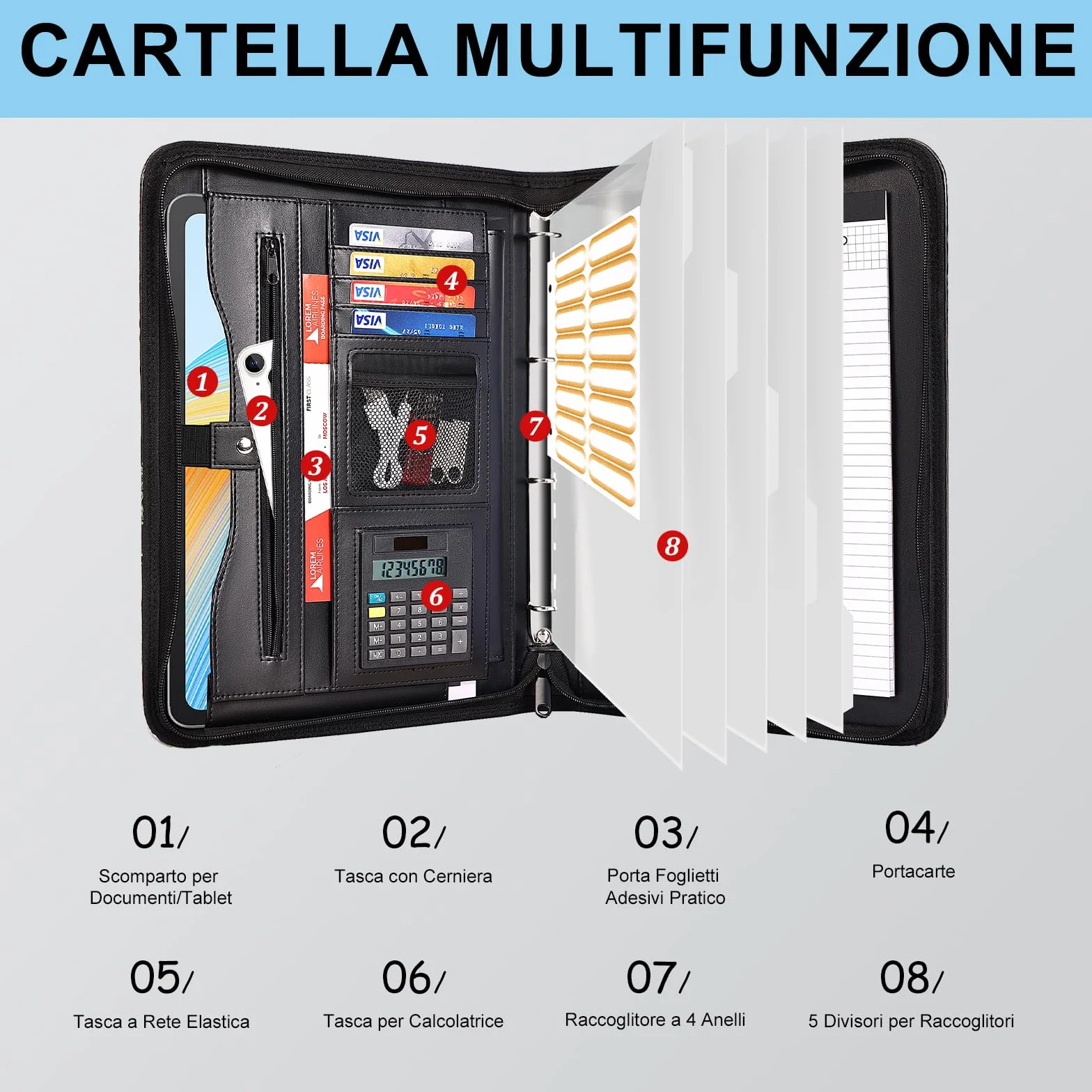 Leathario Cartella portadocumenti A4 pelle vegana organizer con cerniera Nero