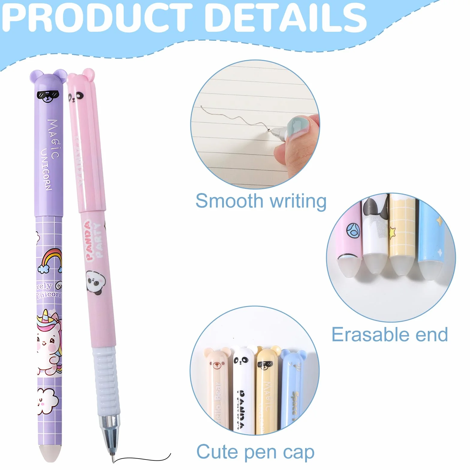 Penne Cancellabili Kawaii a Forma di Cartone Animato, Penna Gel Cancellabile con Gomma, Materiale Scolastico, 4 Stili