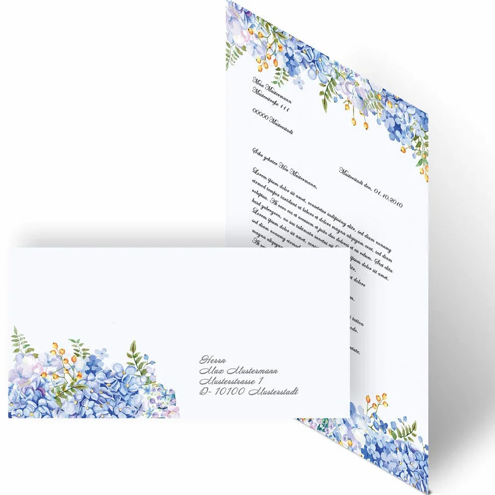 Paper-Media Motivo set di cancelleria Fiori & Petali ORTENSIE BLU 10 fogli 10 buste DIN LANG