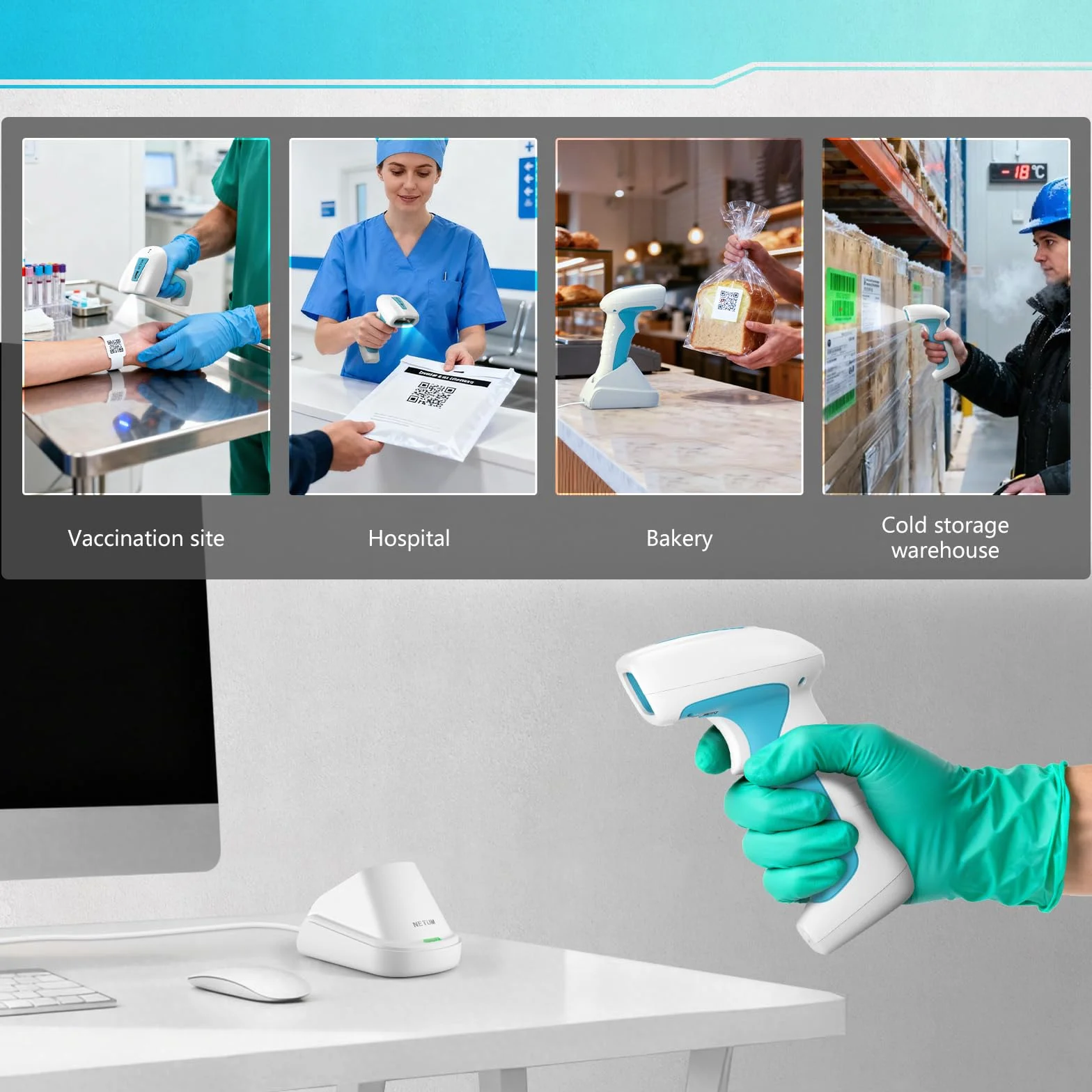 NETUM RD-1962 Scanner Barcode 1D/2D Wireless Blu-Bianco Antimicrobico, Sensore CMOS 1280×800, 2.4G + Bluetooth, Design IP67 Resistente, Modalità Hands-Free per Cliniche e Ospedali