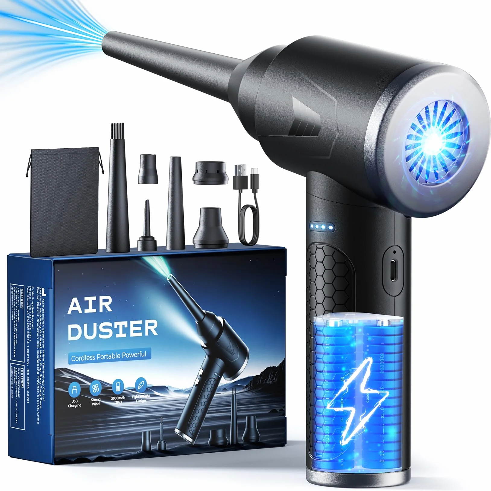 Aria Compressa Elettrico 3 Velocità con Luce LED, 100.000 Giri/Min, Batteria 9000 mAh, Kit Pulizia PC