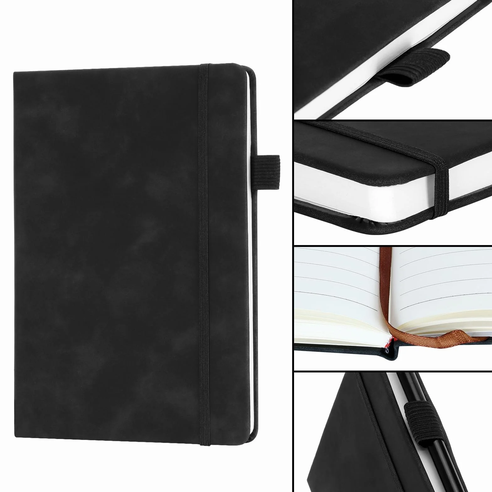 Quaderno A5 a Righe Copertina Rigida Similpelle 192 Pagine con Passante per Penna