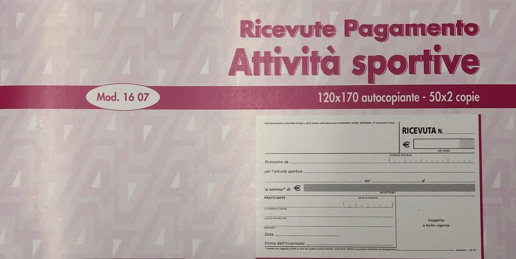 15 Blocchetti Ricevute Pagamento Attività Sportive a 2 copie autoricalcanti 50x2 12x17