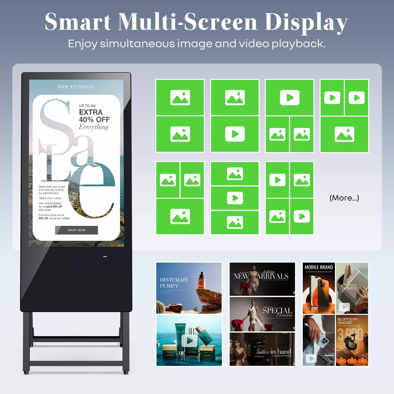 Display Pubblicitario Digitale 32 Pollici, Totem con Android OS, Digital Signage FHD IPS, Cavalletto LCD con WiFi/USB/HDMI, Pieghevole con Ruote, Nero