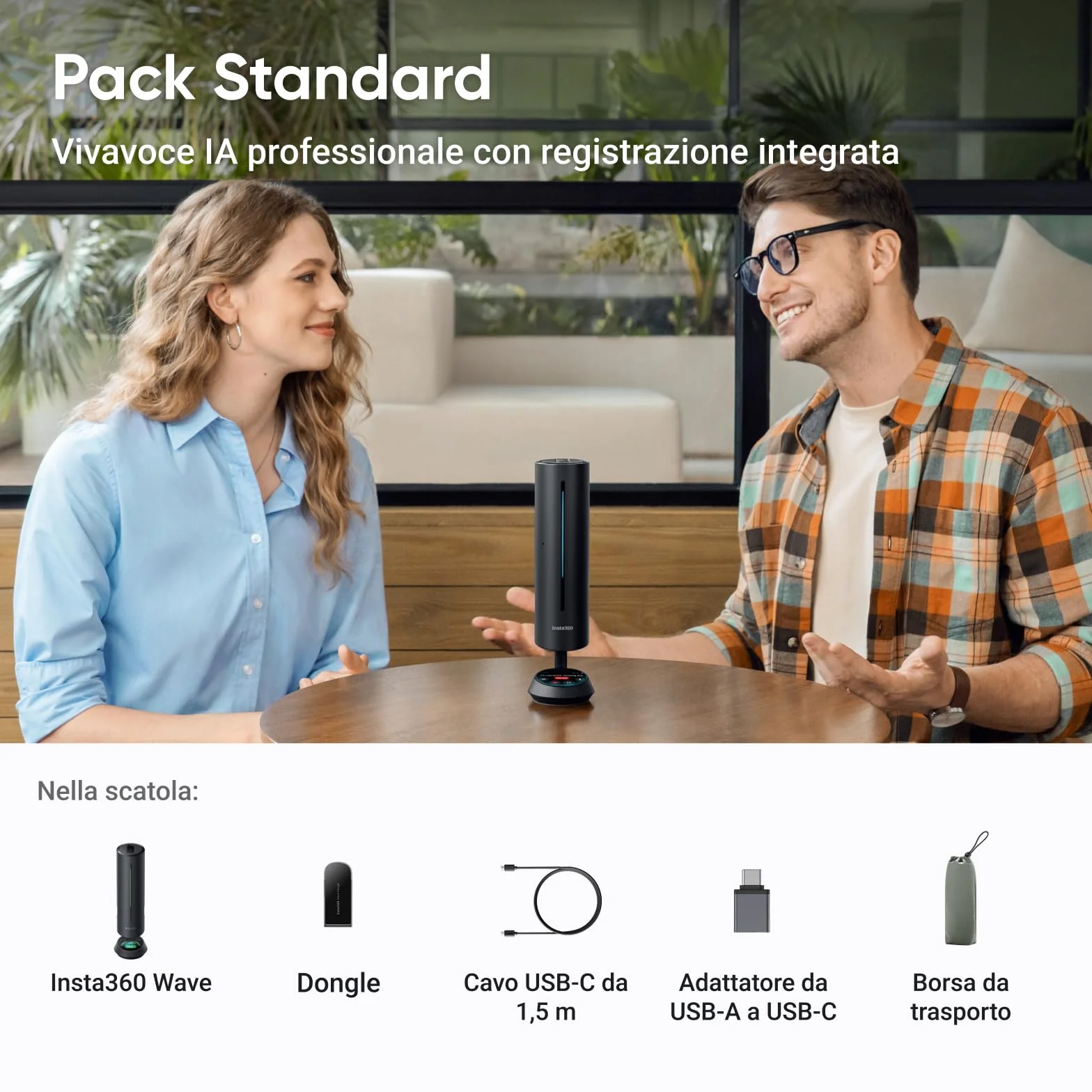 Insta360 Wave Nero grafite: Vivavoce IA, Bluetooth, Registratore vocale, 8 microfoni con Cancellazione del Rumore e Beamforming, Certificazione Zoom, Trascrizione e Riepiloghi IA in 99 Lingue, 32 GB