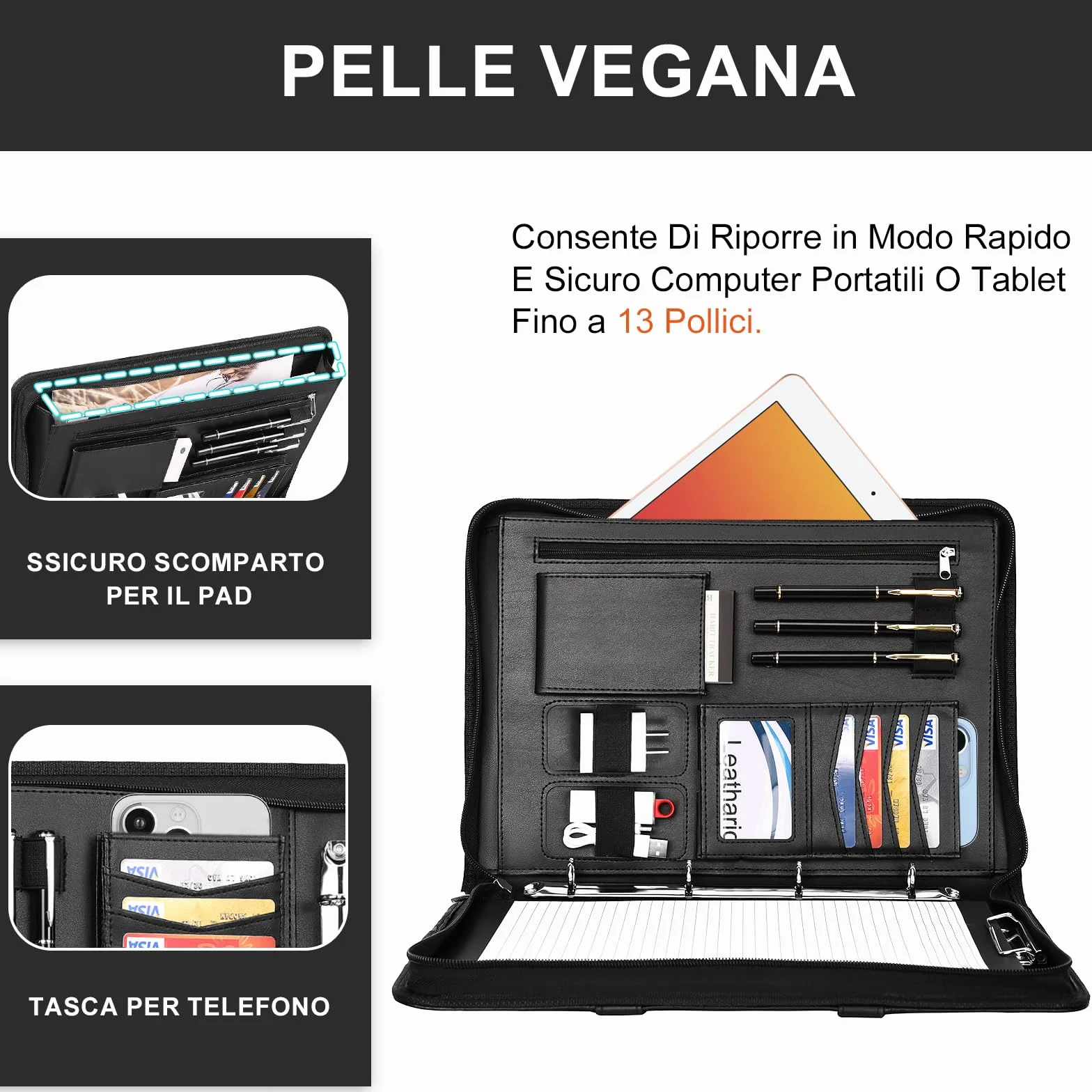 Leathario Cartella Portadocumenti A4 Pelle Vegana con Maniglia Quaderno Raccoglitore ad Anelli per Colloqui Viaggi Riunioni