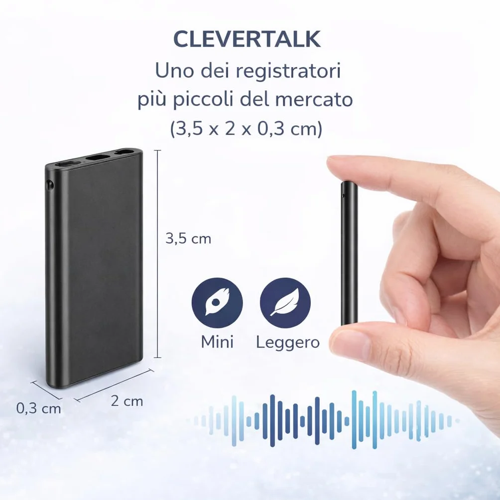 CleverTalk Q1 Registratore Vocale con IA | Attivazione Vocale | App Mobile, Mac, Windows e Web | Cloud Europeo GDPR | 64GB | Audio HD 1536kbps | USB-C