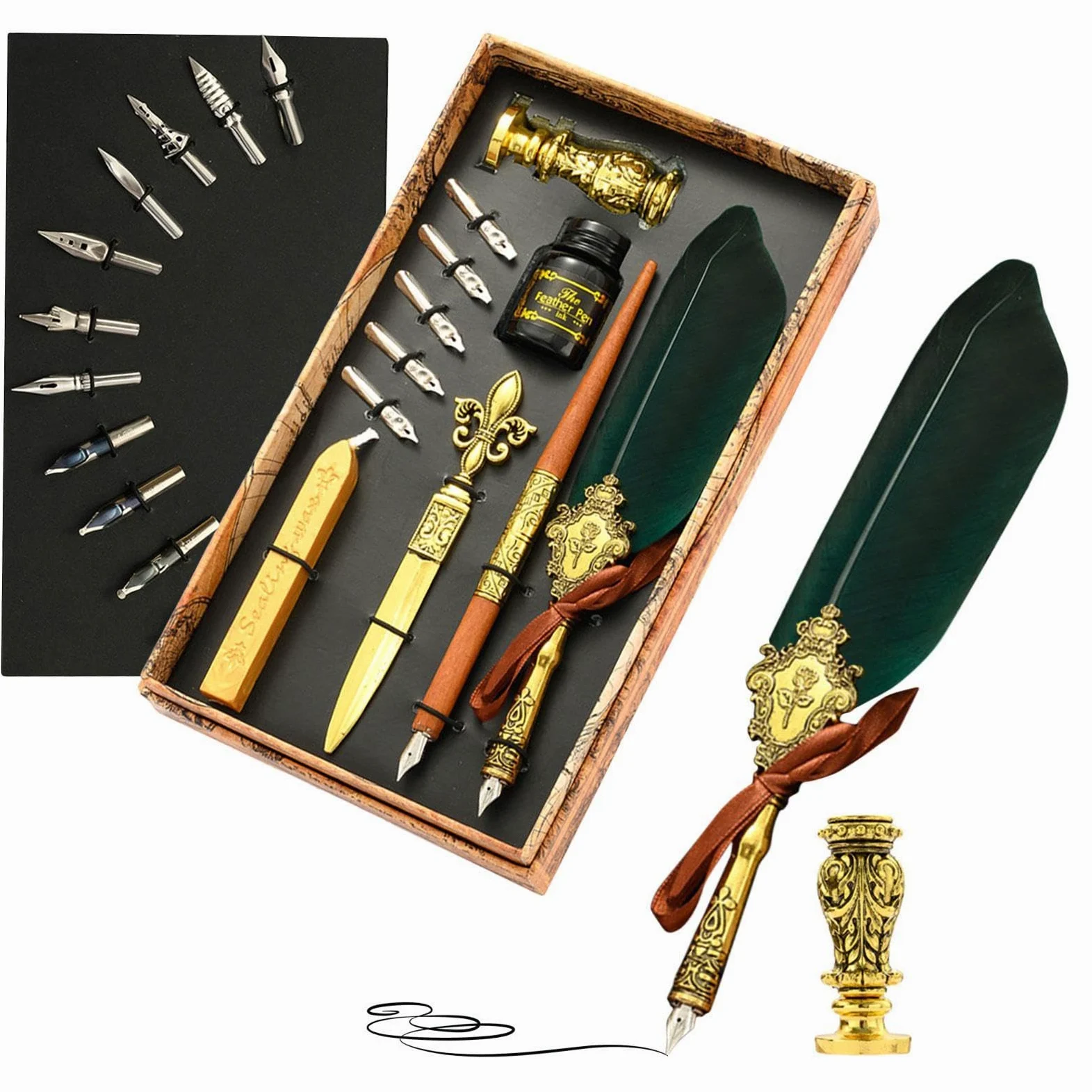 Set penna e inchiostro con penna a immersione vintage, pennini di ricambio, sigillo di , tagliacarte, francobolli, per scrittura a mano, materiale artistico, regalo per studenti e scrittori