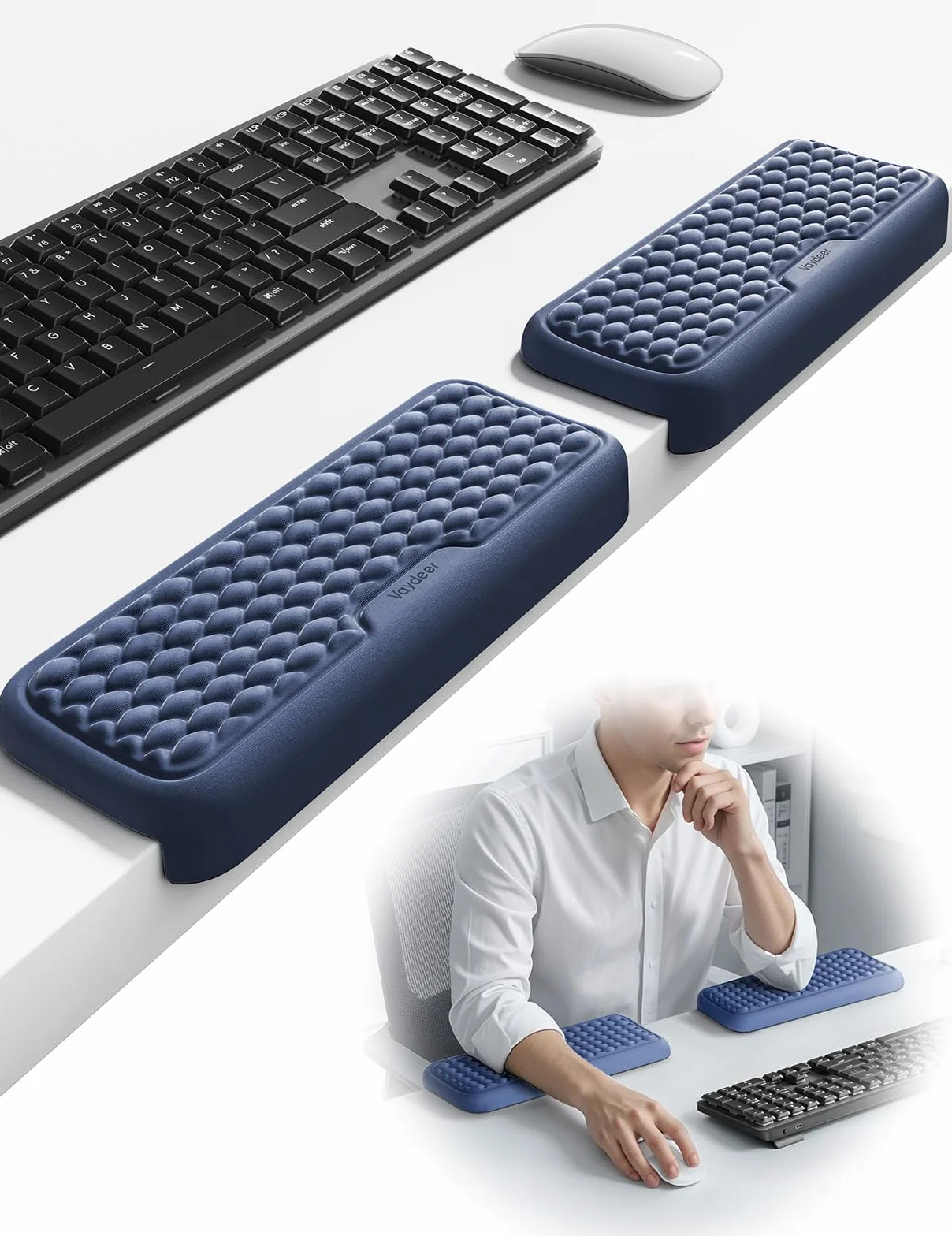 VAYDEER 2 Pz Poggiapolsi Memory Foam Antiscivolo Ergonomico per Scrivania Ufficio Gaming Blu