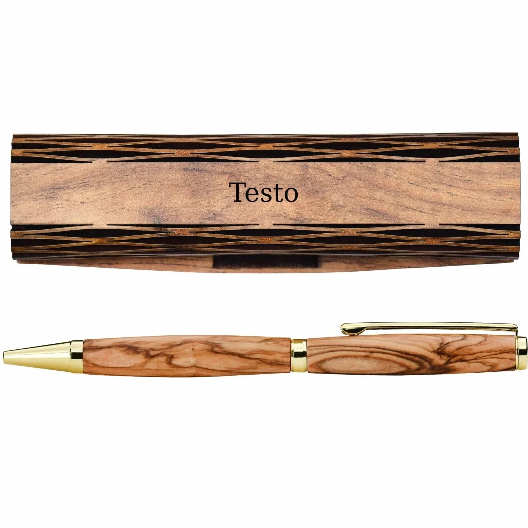 KASSIS Penna a sfera in legno d'ulivo - Realizzata a mano con bellissime venature e testo personalizzato in un'elegante scatola di legno - Penna a sfera personalizzata (Con incisione)