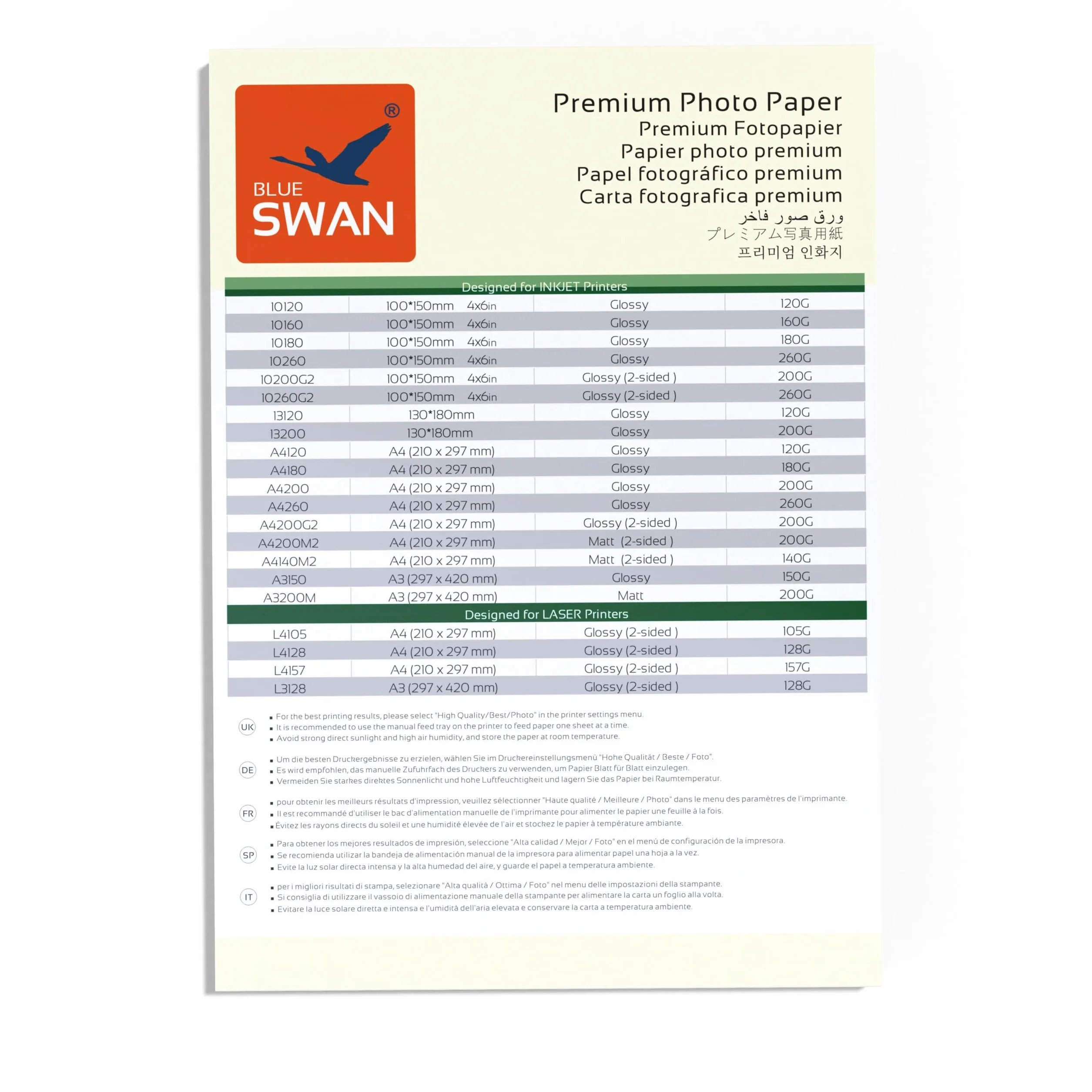 BLUE SWAN Carta Fotografica Lucida A3 200 g/m² 50 Fogli 297 × 420 mm