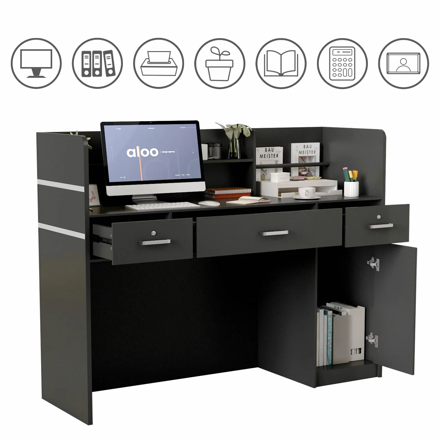 Banco reception, ufficio bancone mobili reception, nero, 3 cassetti, 110 X 120 X 48 cm