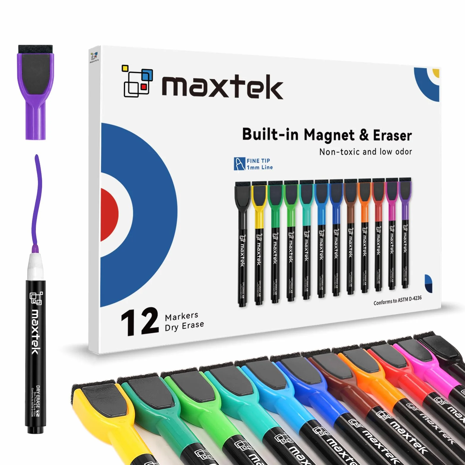 Maxtek Pennarelli Lavagna Bianca Cancellabile 12 Pezzi Punta Fine Cancellino Inodore