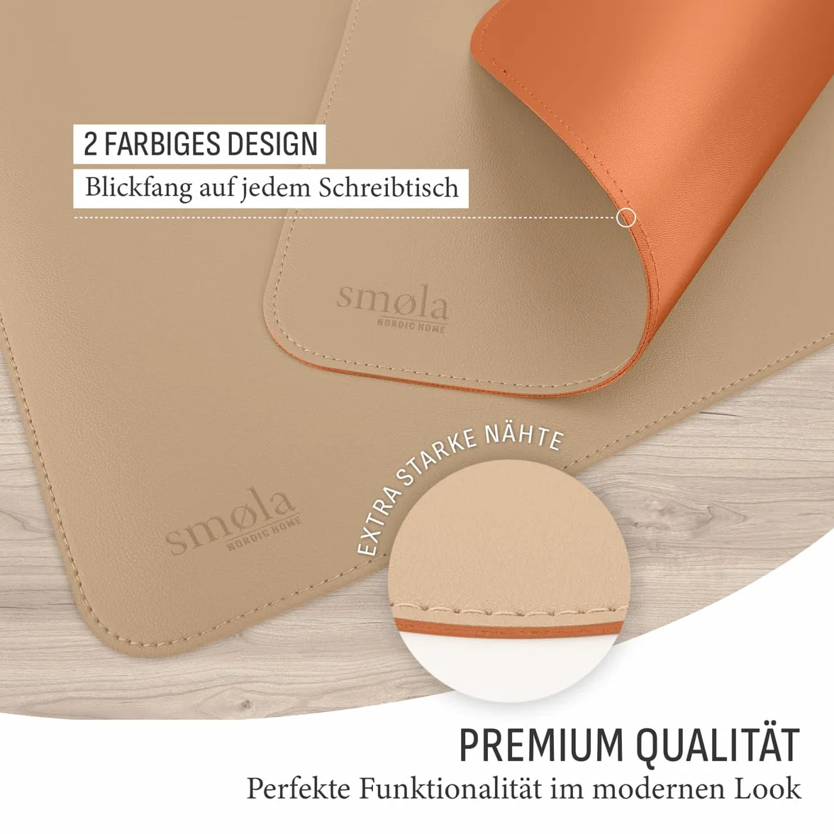 Sottomano da scrivania in pelle PU 85x40 cm lavabile double face sabbia-beige/cognac