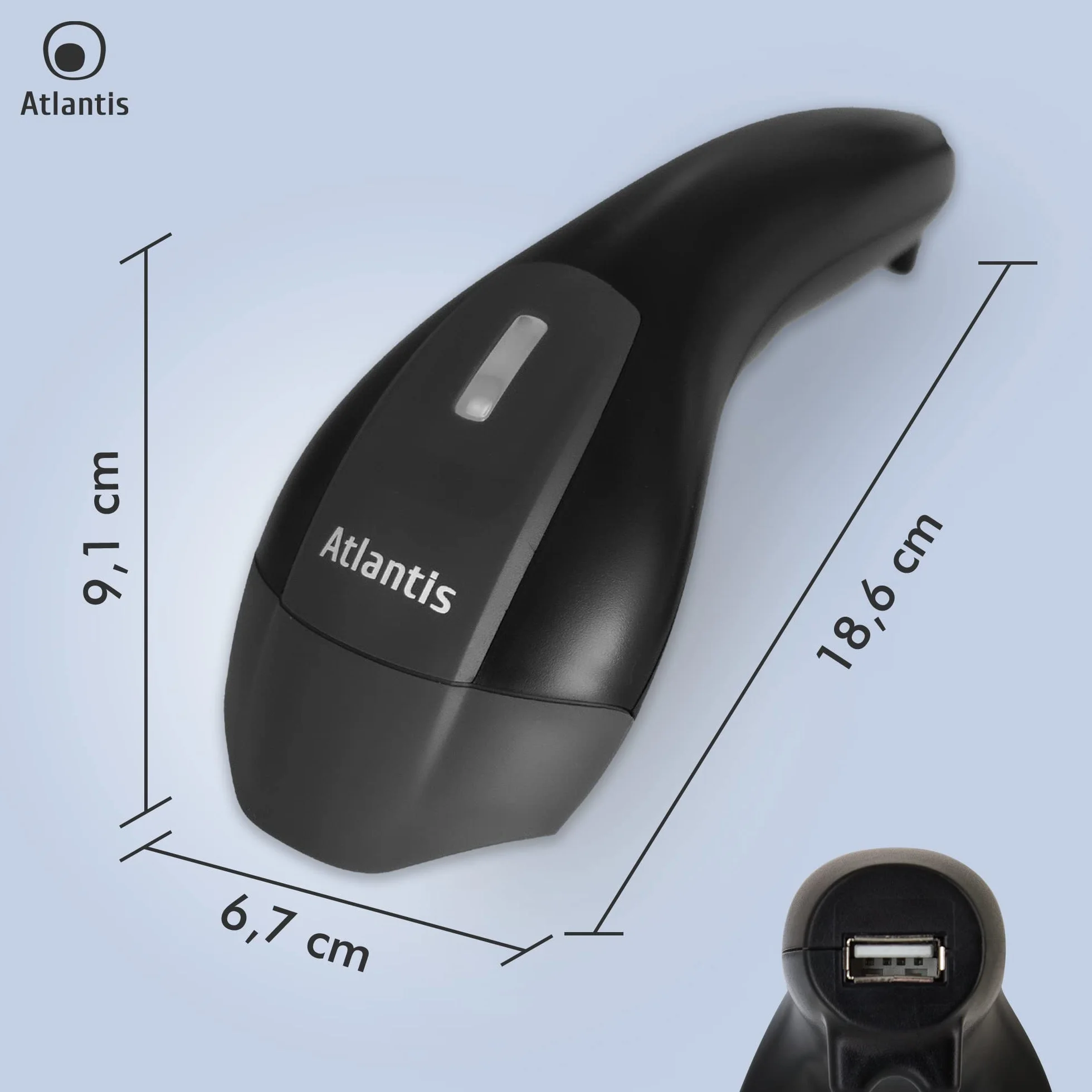 Atlantis A08-LN1252-W Lettore Codici a Barre Barcode reader scanner Wireless 1D Ottico ad alta risoluzione 2500 pix, 270 scansioni sec, legge da smartphone, codice farmaceutico, collegamento USB