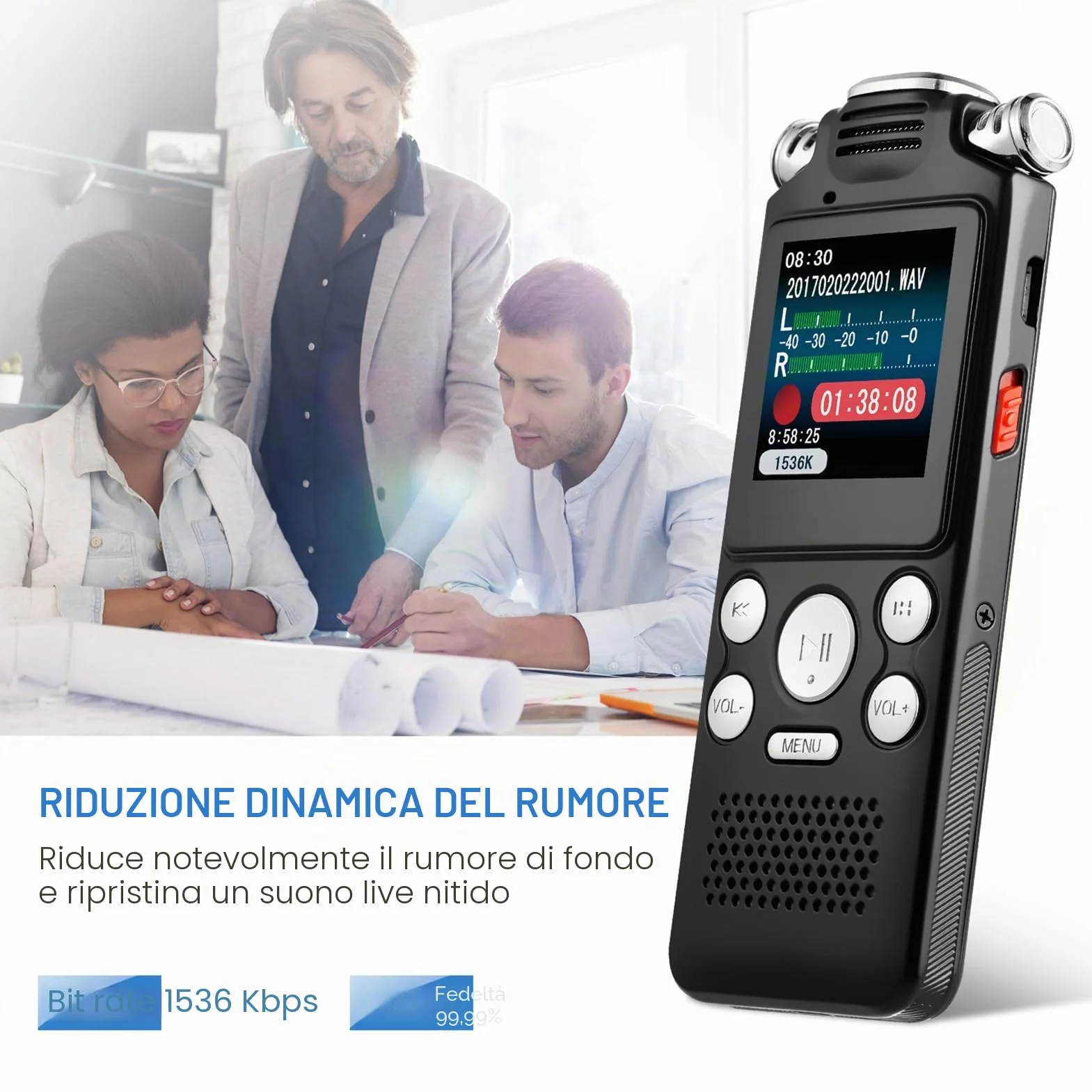 Docooler - Registratore vocale da 8GB, registratore audio con cancellazione del rumore, microfono doppio per registrazione vocale HD attivata, custodia in metallo