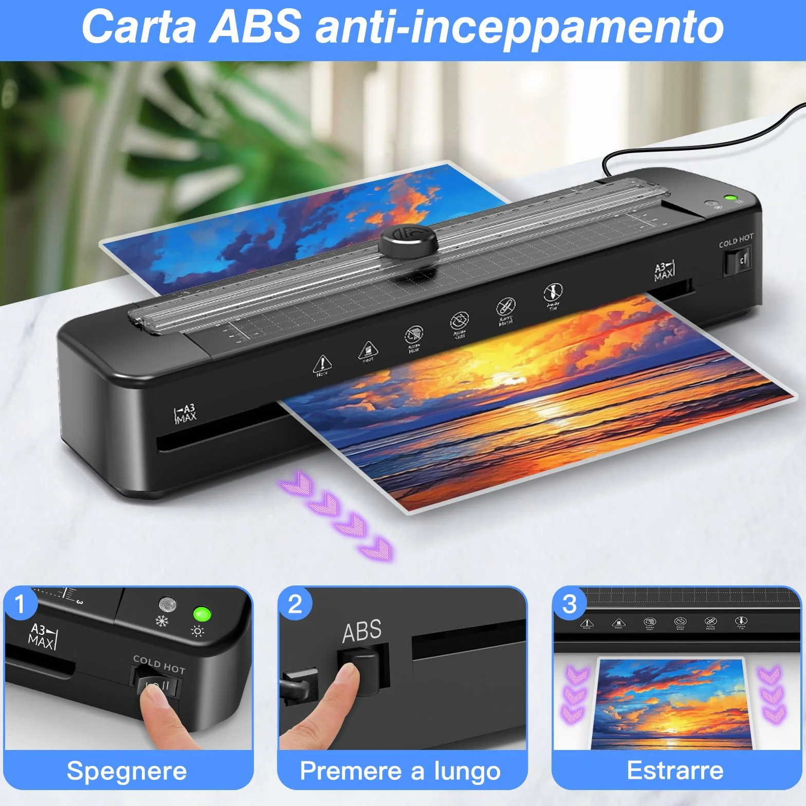 Plastificatrice A3 con sistema ABS anti-inceppamento con 30 fogli per A3 A4 A5 A6 - Versatile plastificatrice a freddo per ufficio, casa e scuola