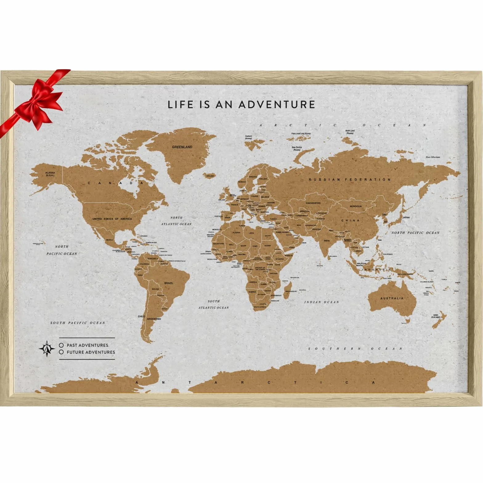 Splosh Mappa da Viaggio - Bacheca Mappa del Mondo da Scrivania con Puntine in Cornice di Legno Bianco Bacheca in Sughero Mappa del Mondo con 100 Puntine in 2 Colori per Segnare le Tue Avventure