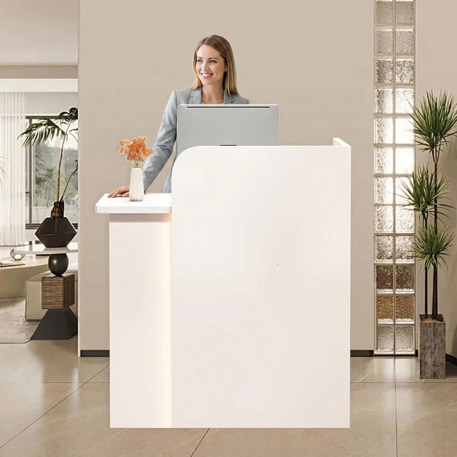 Banco Reception Piccola Moderno con LED, Bancone Reception per Negozio con Cassetti a Chiave, Bancone Cassa in Legno, per Spazi Commerciali Compatti (60X45X100CM)