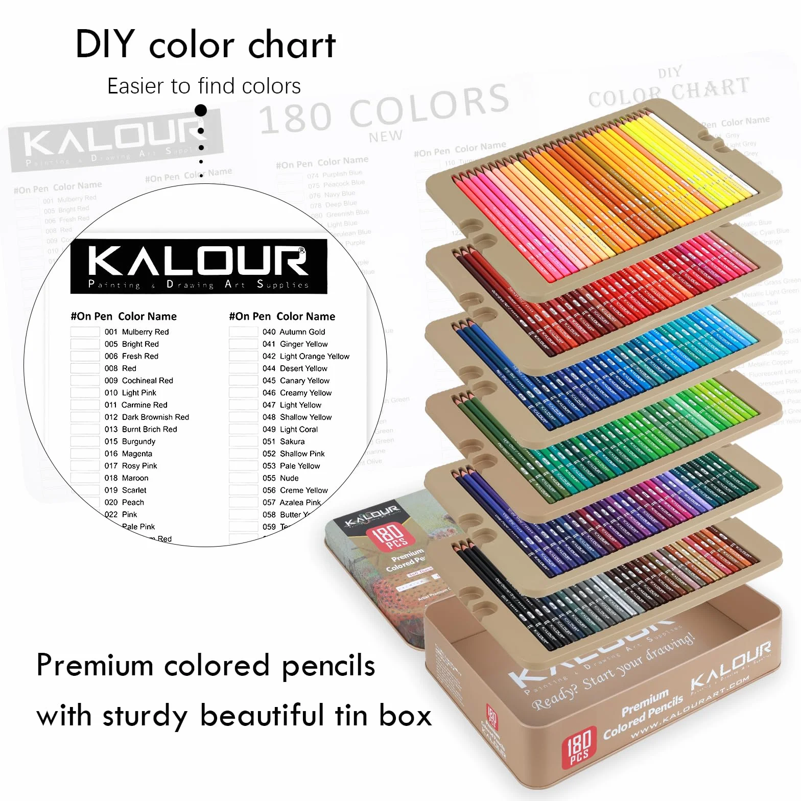 KALOUR PDAS - Set di 180 matite colorate per adulti e artisti, pigmenti ricchi con nucleo morbido, 15 matite metalliche, 6 matite neon, ideale per colorare, disegnare, schizzare, sfumature, colori