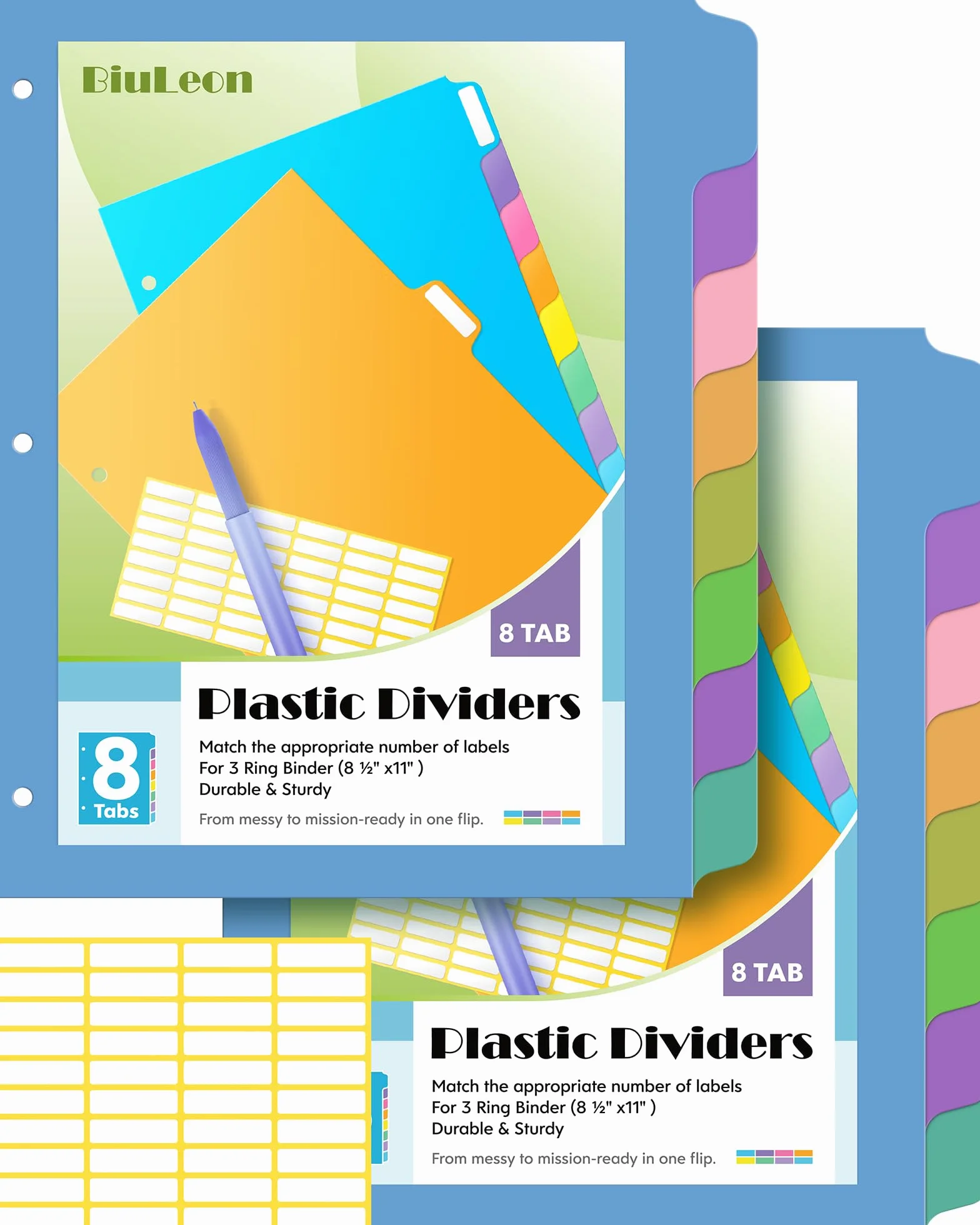 8 divisori per raccoglitori a 3 anelli, 2 set/16 conteggi, scrivono e cancellano raccoglitori riutilizzabili in plastica impermeabile, multicolore, 40 etichette extra