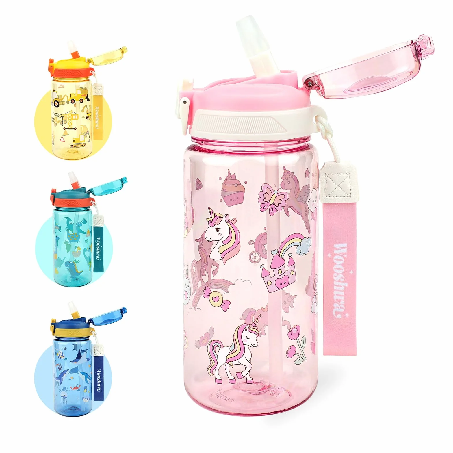 Borraccia Bambini 600 ml con Cannuccia Unicorno Rosa Priva di BPA Lavabile in Lavastoviglie
