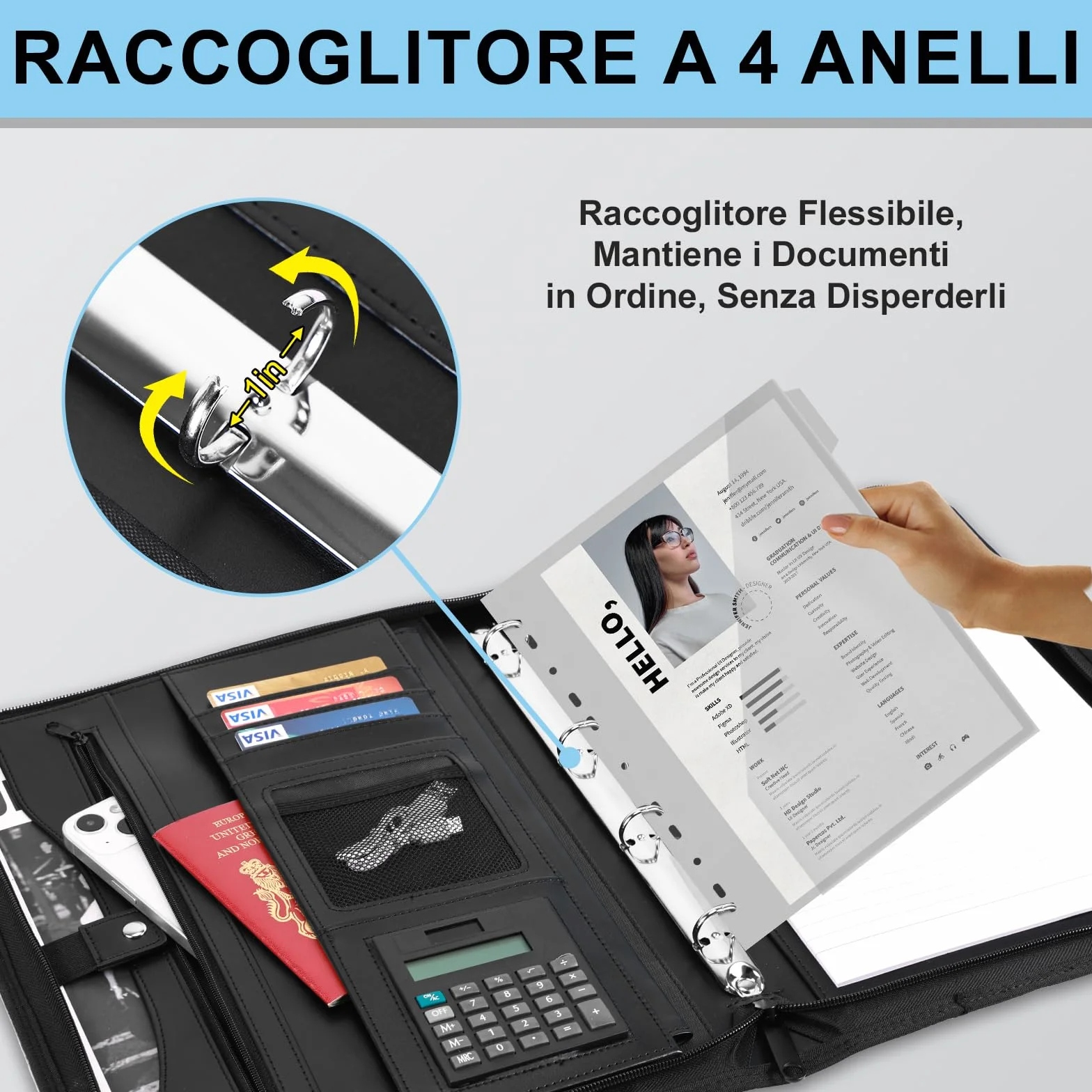 Leathario Cartella portadocumenti A4 pelle vegana organizer con cerniera Nero