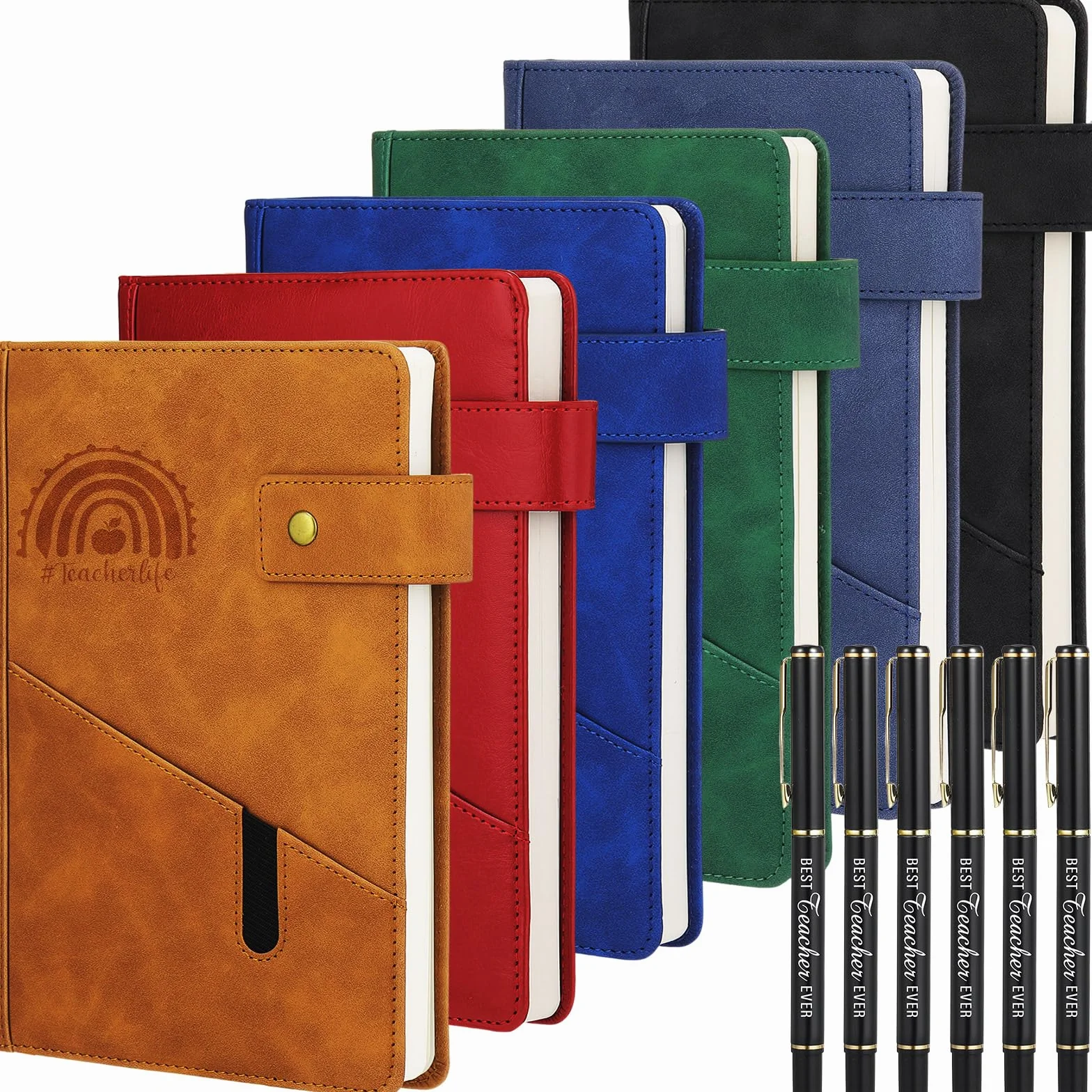 Dunzoom Set di 6 quaderni con penna per insegnanti, con copertina rigida, formato A5, in pelle, idea regalo per studenti, regalo di ringraziamento (arcobaleno)