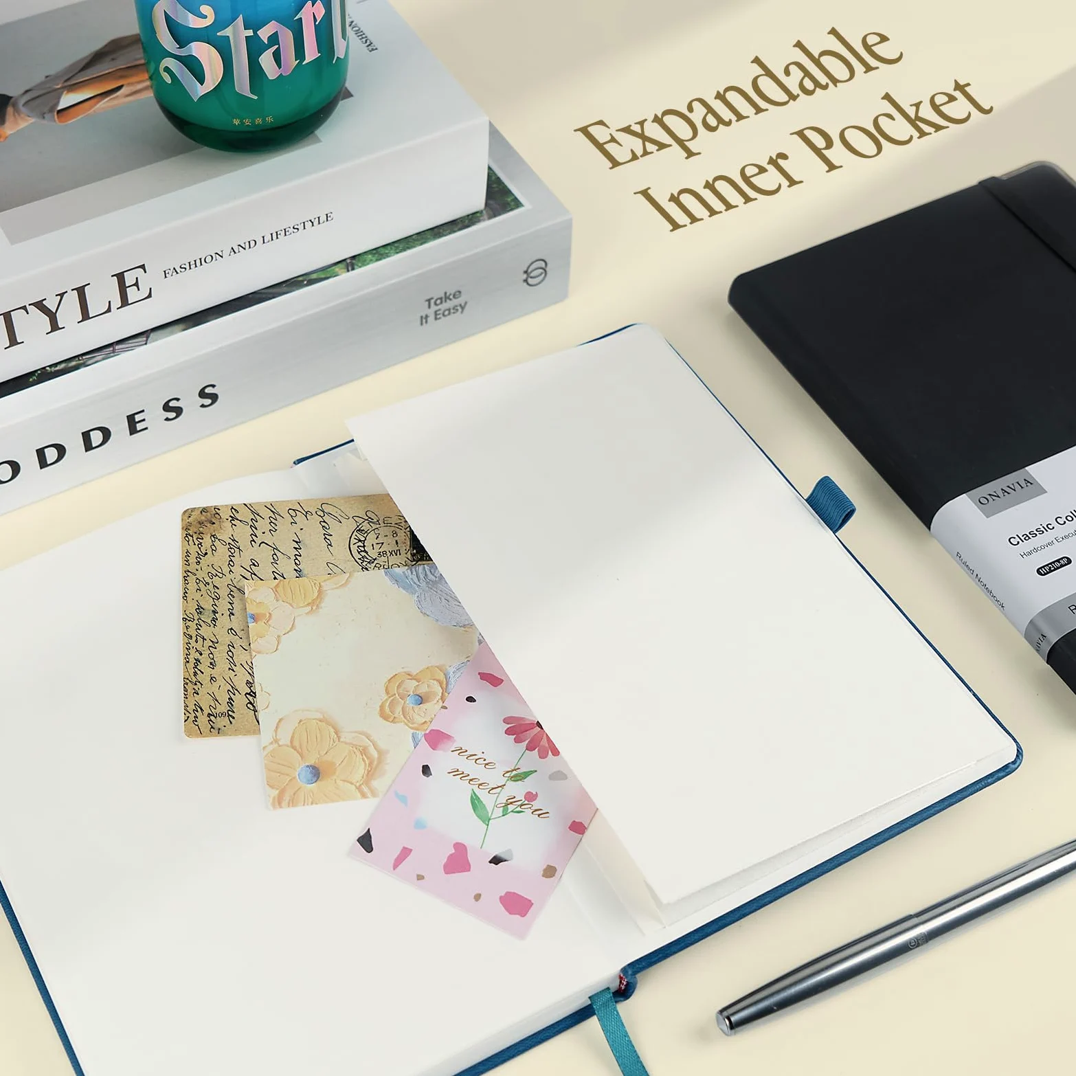 ONAVIA Taccuino a Righe A5 Copertina Rigida, 160 Pagine, Set 8 Colori | 14 x 21 cm, 100 g/m², Classico Quaderno Appunti di Linea, Tasca Interna, Chiusura ad Elastico, Portapenne