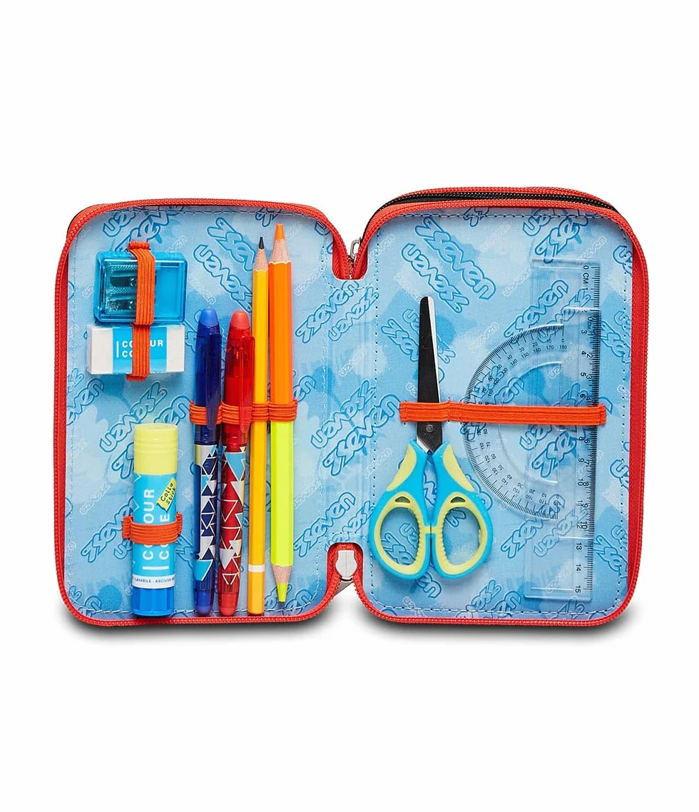 Seven Astuccio Scuola Elementare, 3 scomparti, Medie, con Matite, Pennarelli, Penne, 3 Zip, Fluo Stamp, Bambino e Ragazzo, blu/arancione
