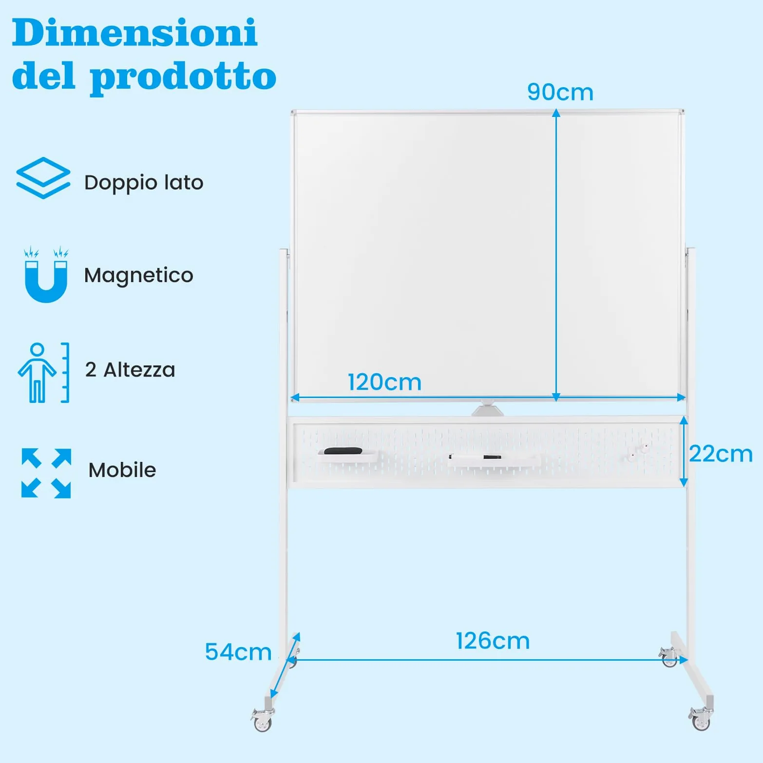 COSTWAY Lavagna Bianca Mobile 120 x 90 cm, Lavagna Magnetica Cancellabile a Secco con Pannello Forato, Cavalletto e Ruote,Doppia Faccia Altezza Regolabile, Accessori Completi (Bianco)