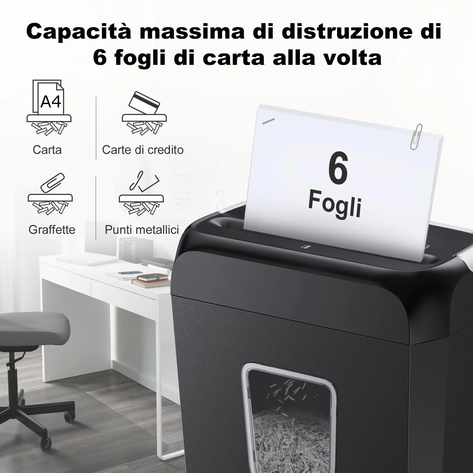 Bonsaii Distruggidocumenti P-4, Tritadocumenti 6 Fogli, Carte di Credito, Graffette, Contenitore 13L, C237-B